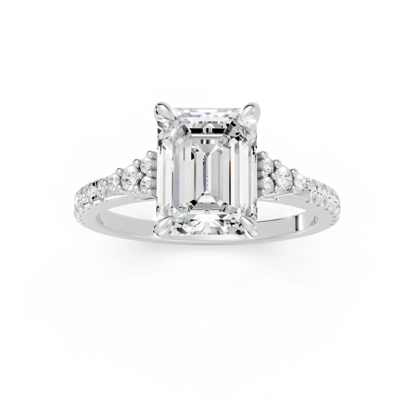 14K Gold Emerald Cut Diamond Side Cluster Cathedral Engagement Ring with Side Accents