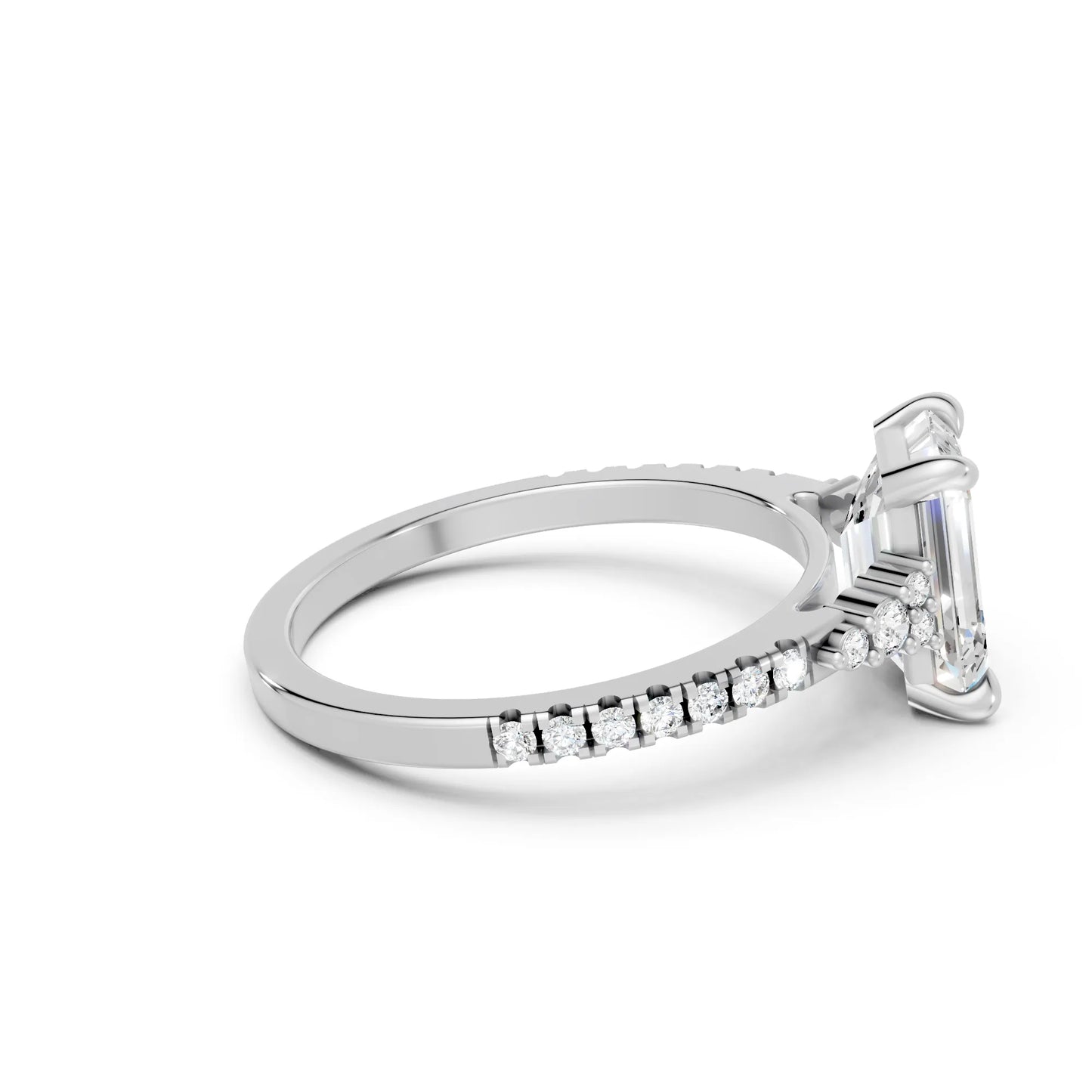 14K Gold Emerald Cut Diamond Side Cluster Cathedral Engagement Ring with Side Accents