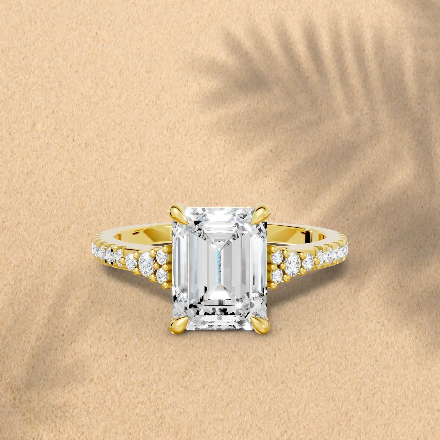14K Gold Emerald Cut Diamond Side Cluster Cathedral Engagement Ring with Side Accents