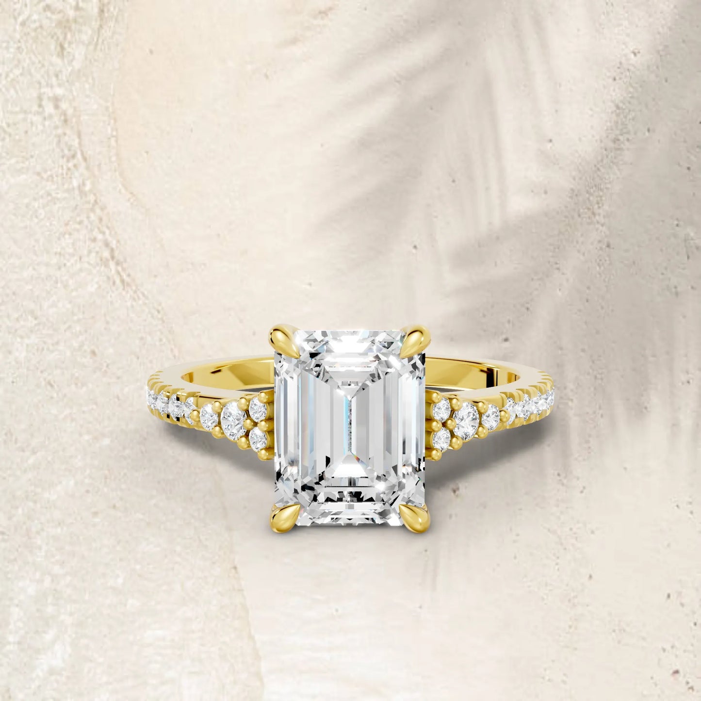 14K Gold Emerald Cut Diamond Side Cluster Cathedral Engagement Ring with Side Accents