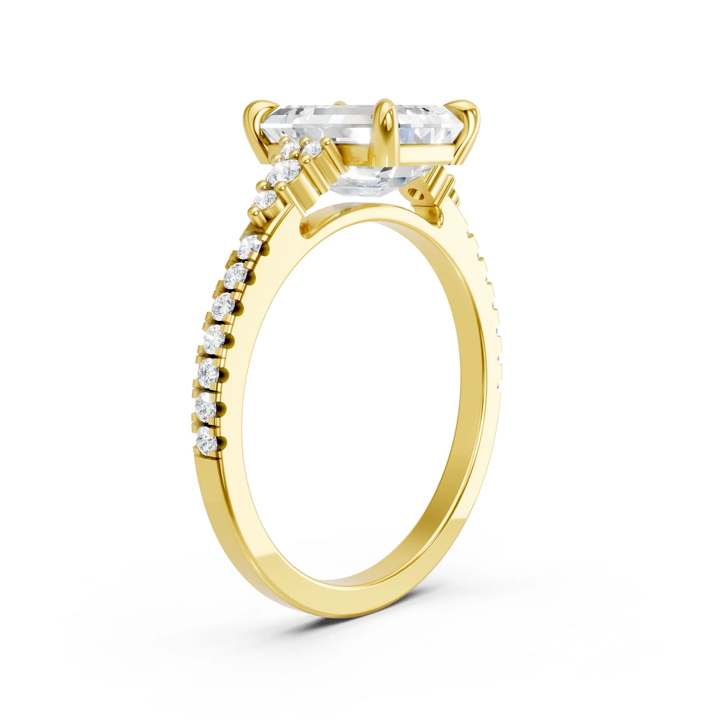14K Gold Emerald Cut Diamond Side Cluster Cathedral Engagement Ring with Side Accents