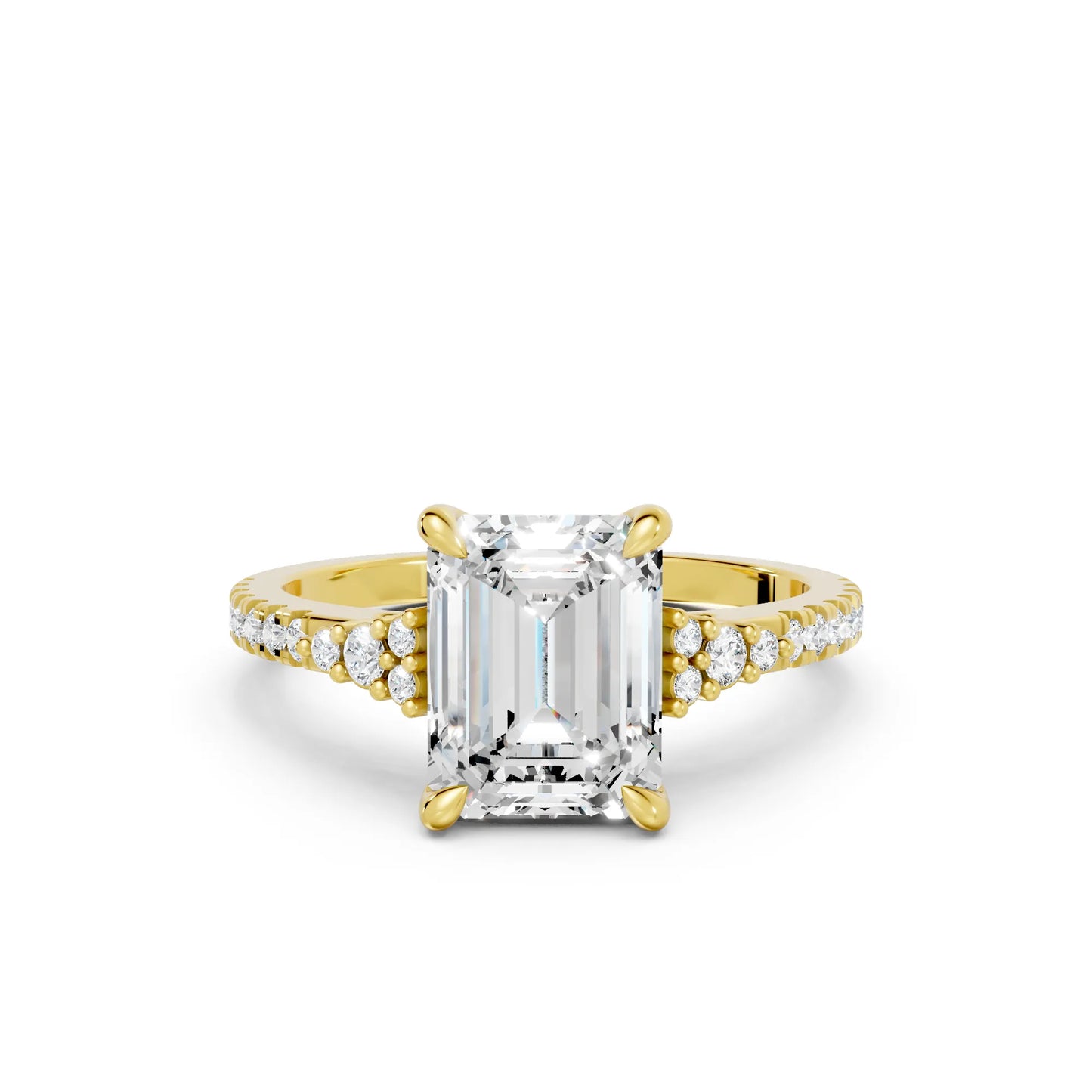 14K Gold Emerald Cut Diamond Side Cluster Cathedral Engagement Ring with Side Accents