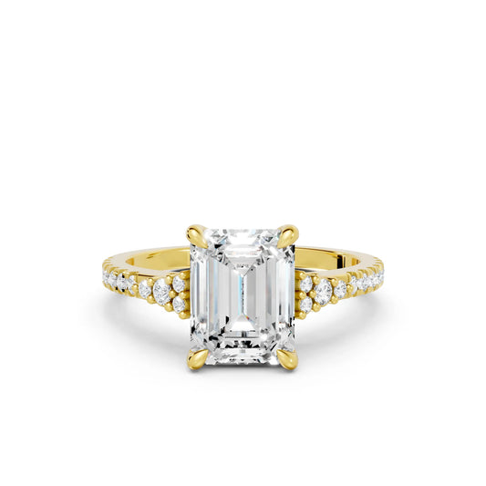 14K Gold Emerald Cut Diamond Side Cluster Cathedral Engagement Ring with Side Accents