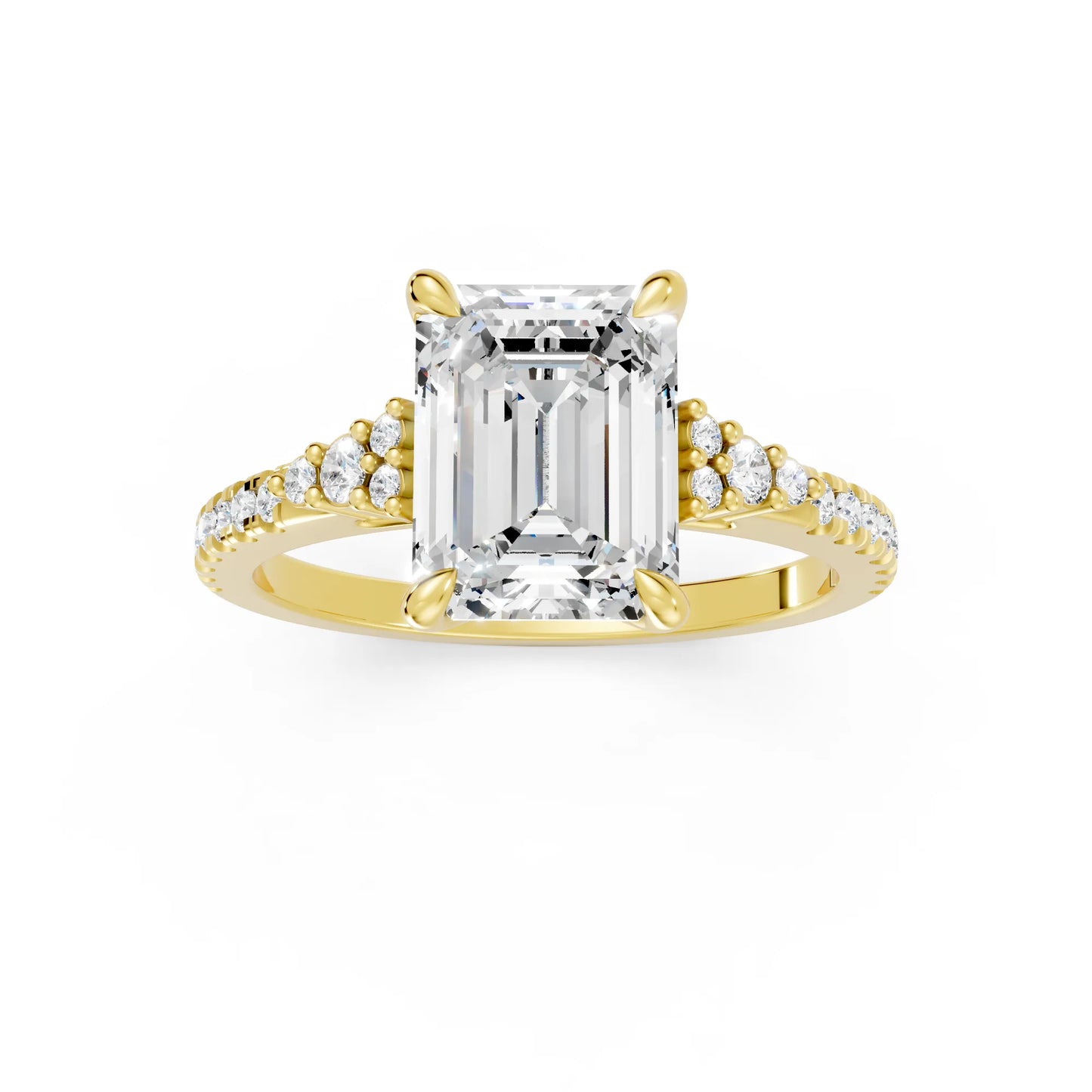 14K Gold Emerald Cut Diamond Side Cluster Cathedral Engagement Ring with Side Accents