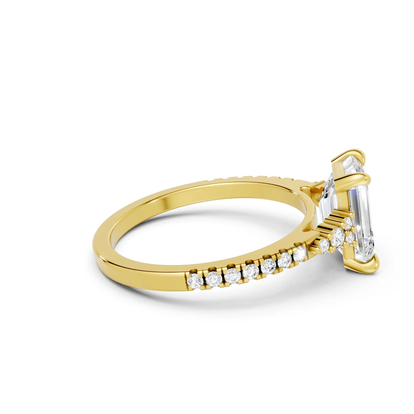 14K Gold Emerald Cut Diamond Side Cluster Cathedral Engagement Ring with Side Accents