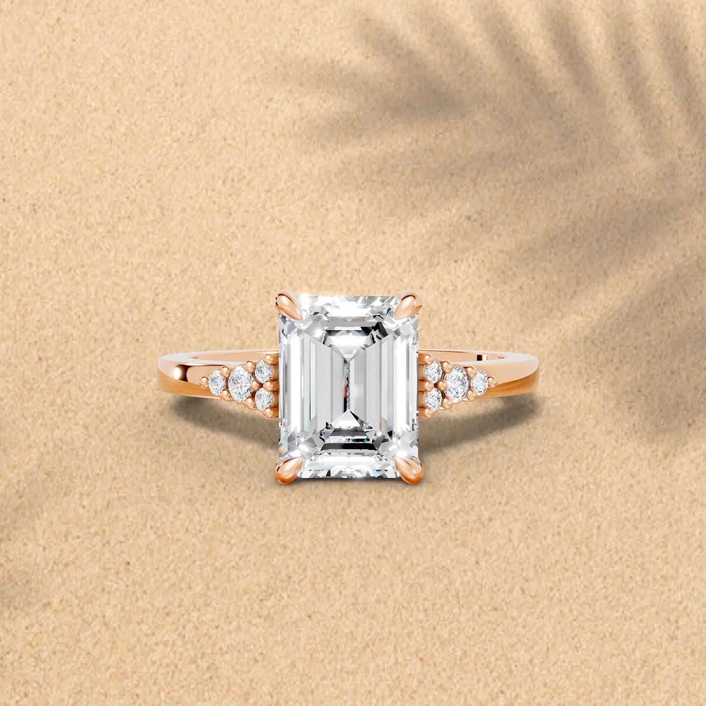 14K Gold Emerald Cut Diamond Side Cluster Cathedral Engagement Ring