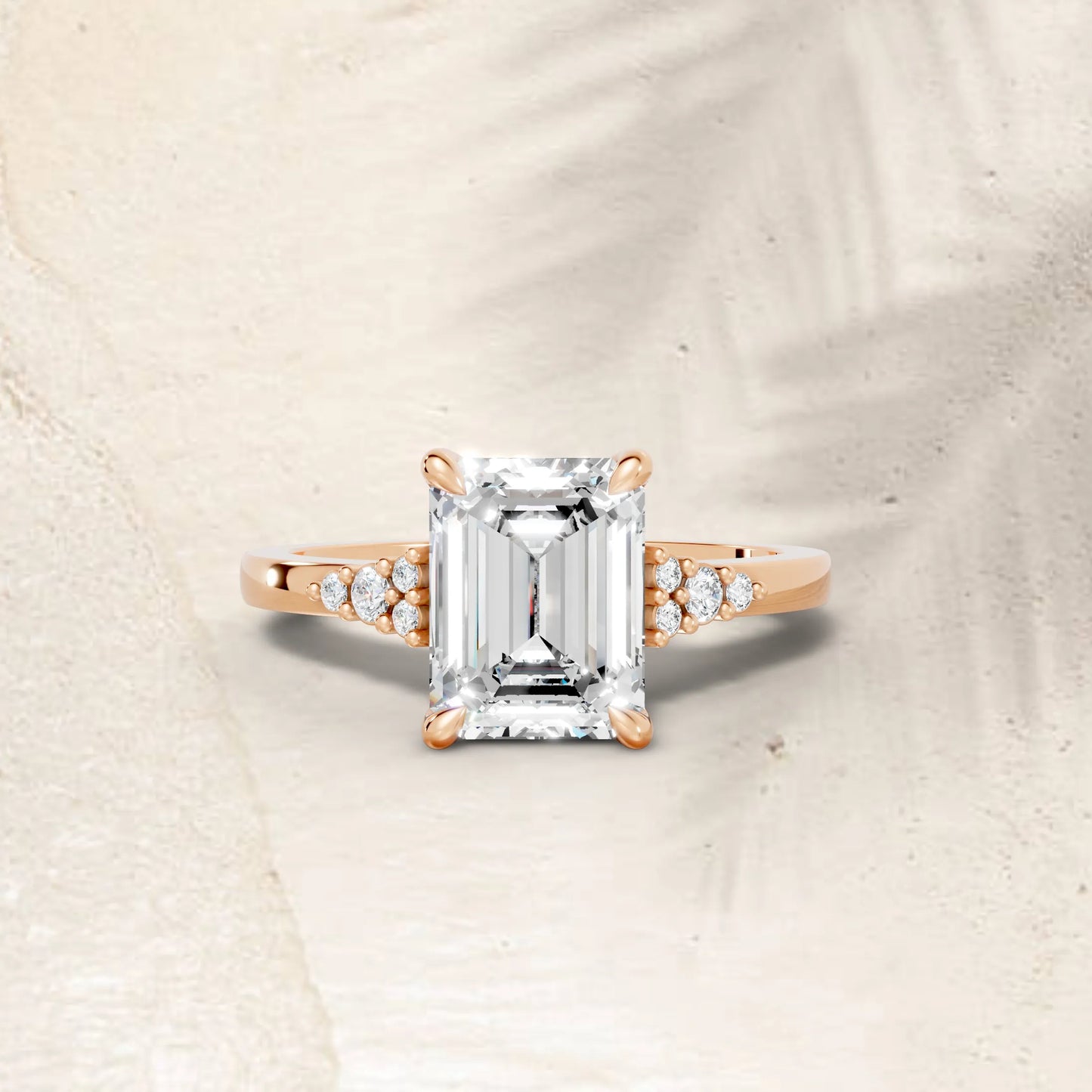 14K Gold Emerald Cut Diamond Side Cluster Cathedral Engagement Ring