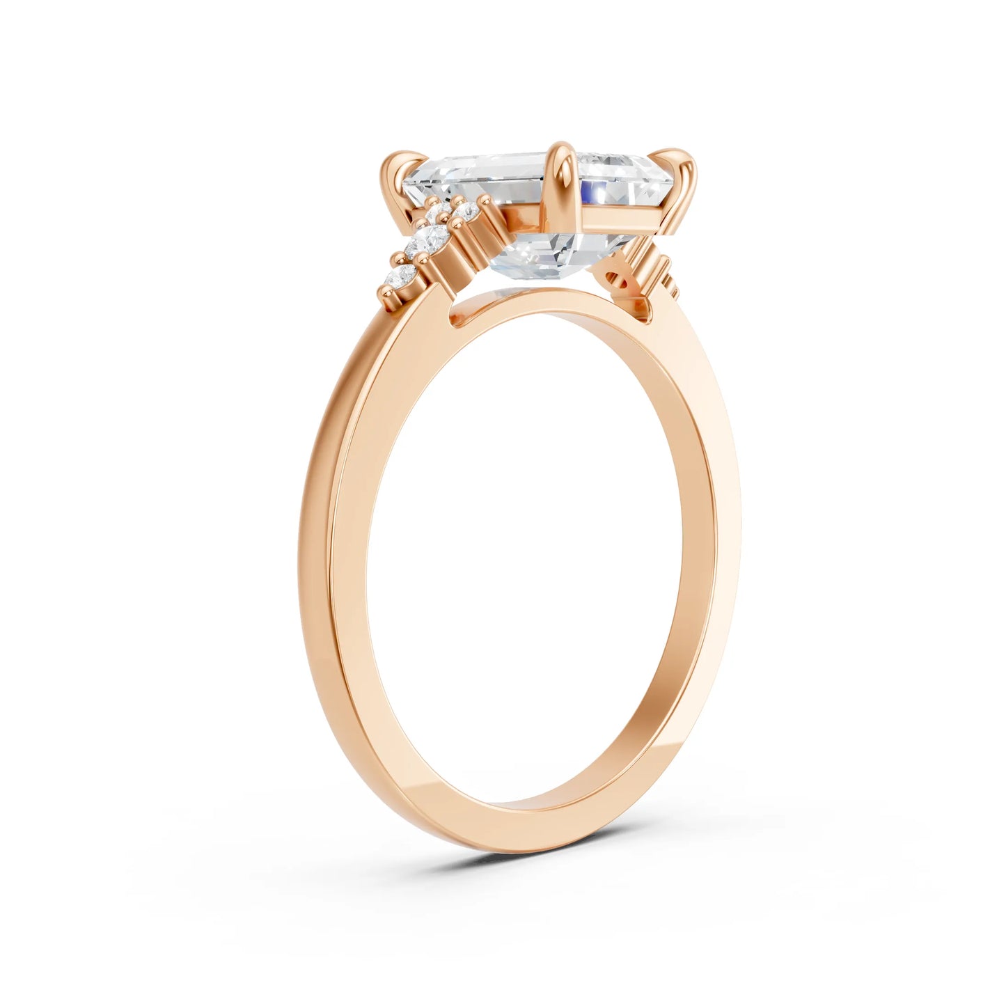 14K Gold Emerald Cut Diamond Side Cluster Cathedral Engagement Ring