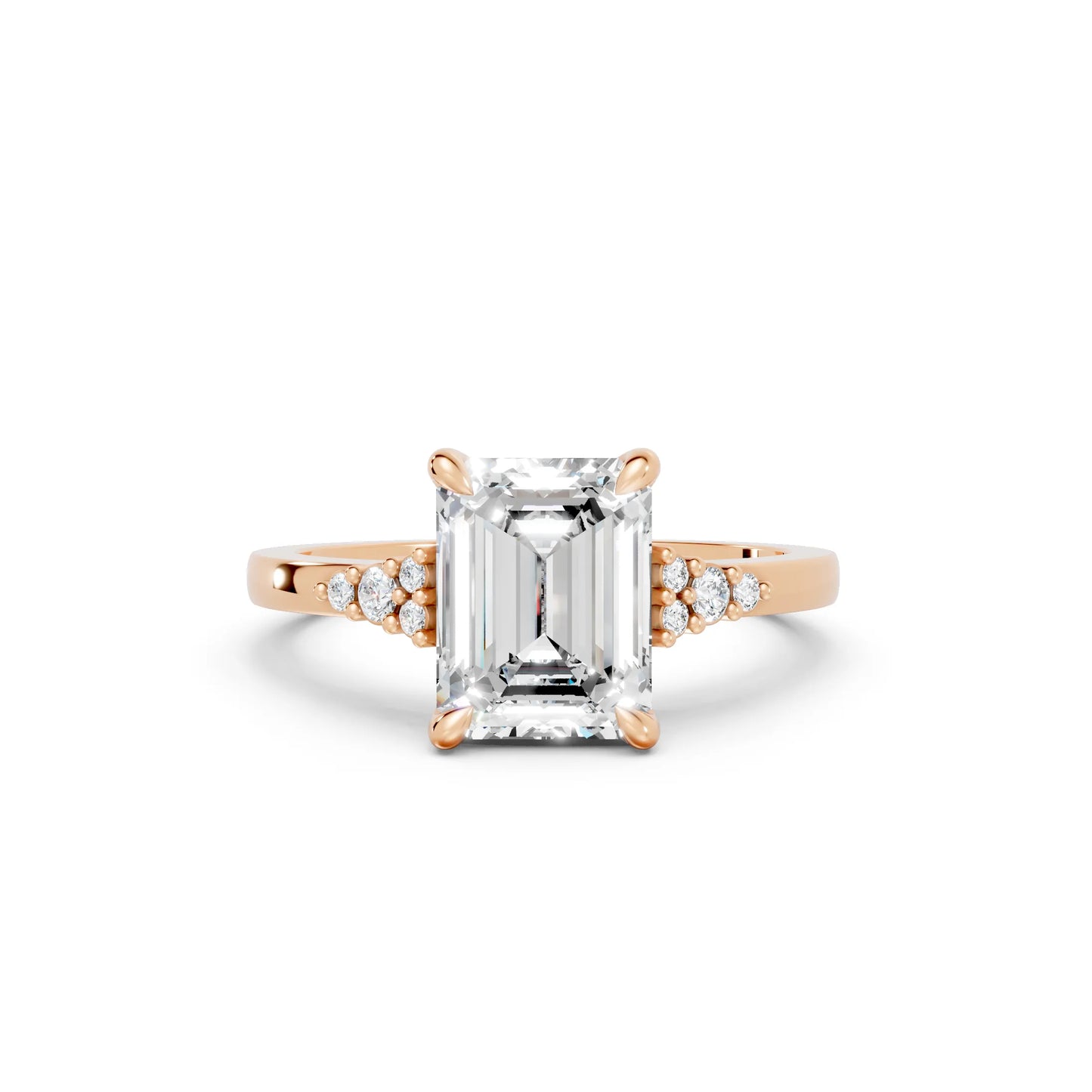 14K Gold Emerald Cut Diamond Side Cluster Cathedral Engagement Ring