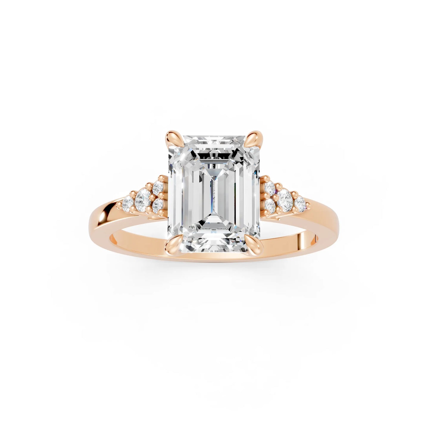 14K Gold Emerald Cut Diamond Side Cluster Cathedral Engagement Ring
