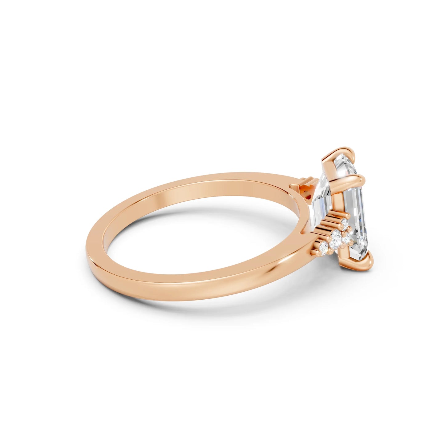 14K Gold Emerald Cut Diamond Side Cluster Cathedral Engagement Ring