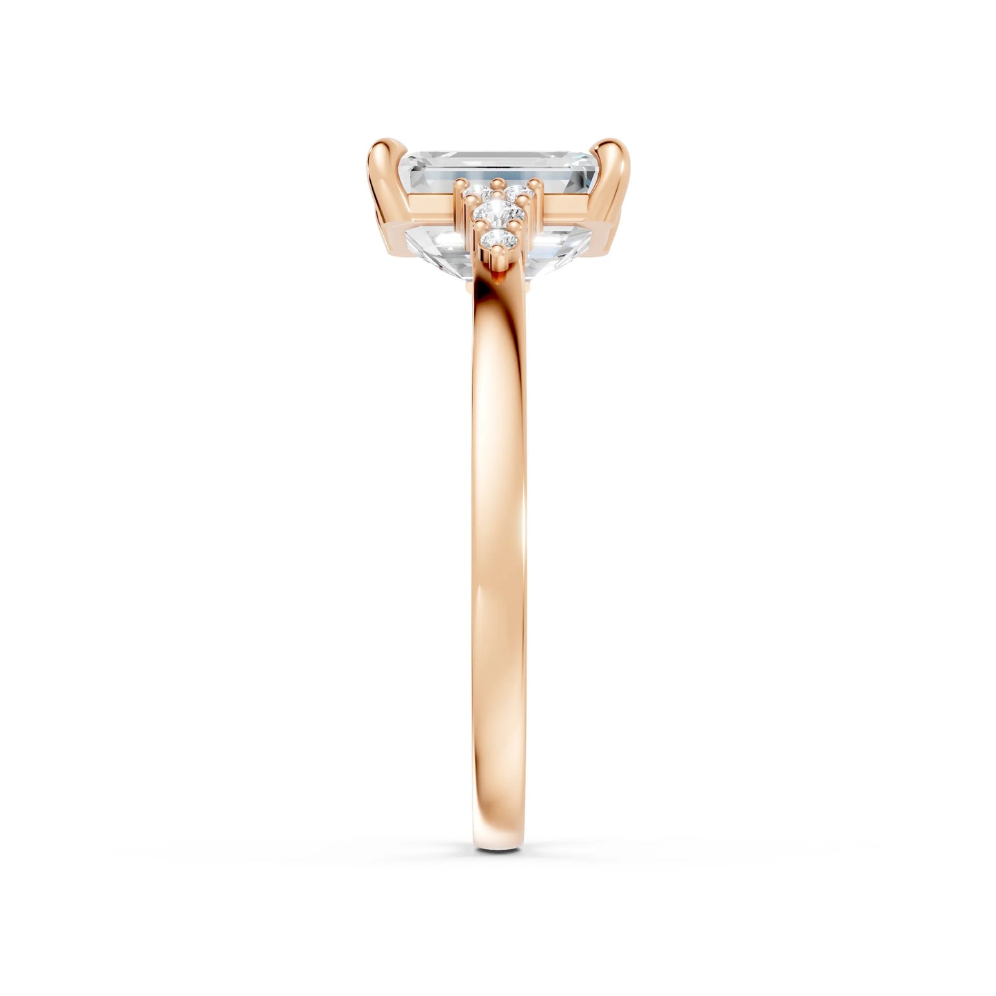 14K Gold Emerald Cut Diamond Side Cluster Cathedral Engagement Ring