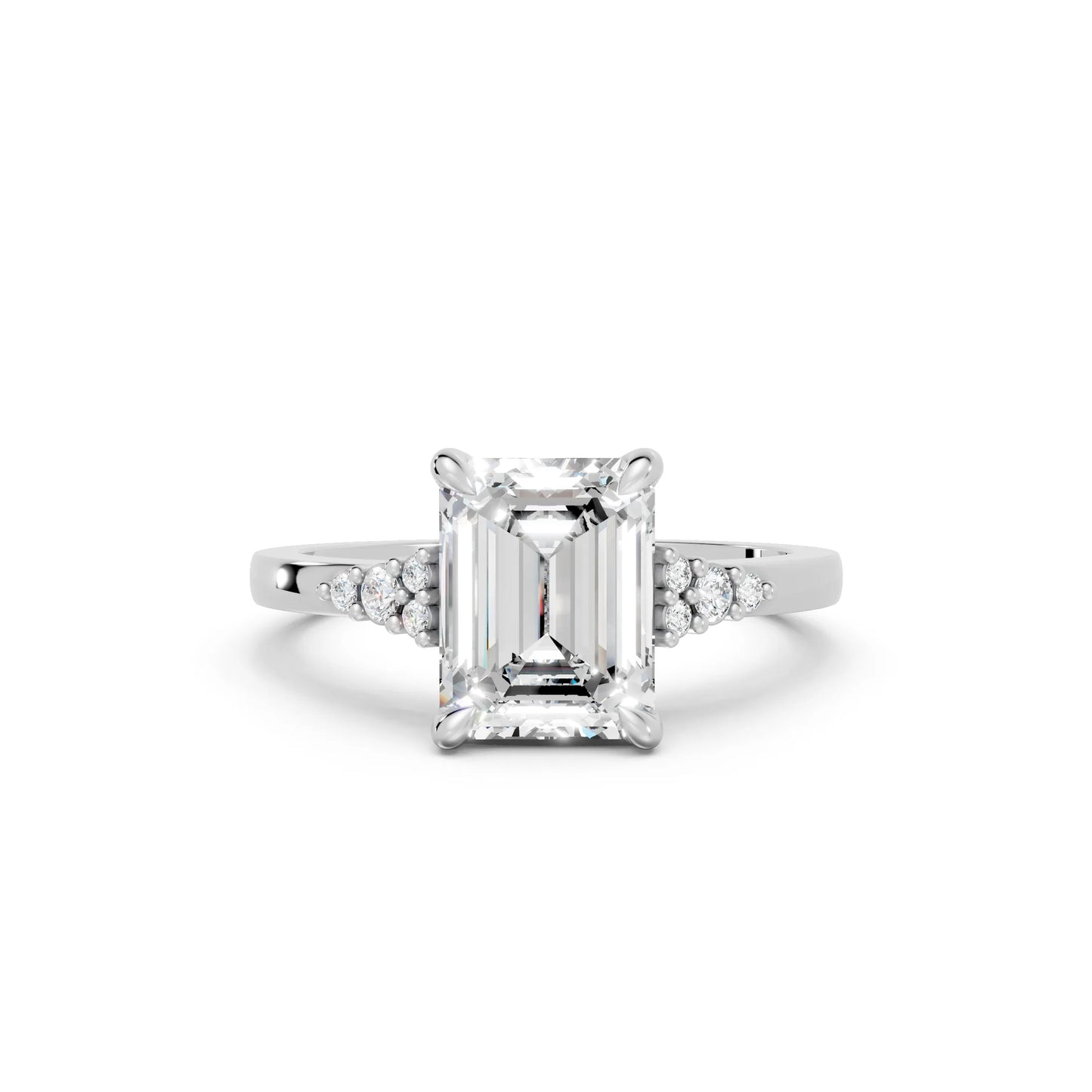 14K Gold Emerald Cut Diamond Side Cluster Cathedral Engagement Ring
