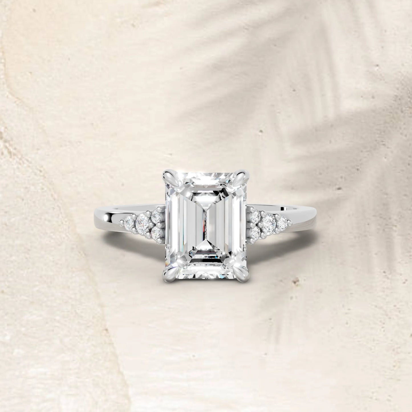 14K Gold Emerald Cut Diamond Side Cluster Cathedral Engagement Ring