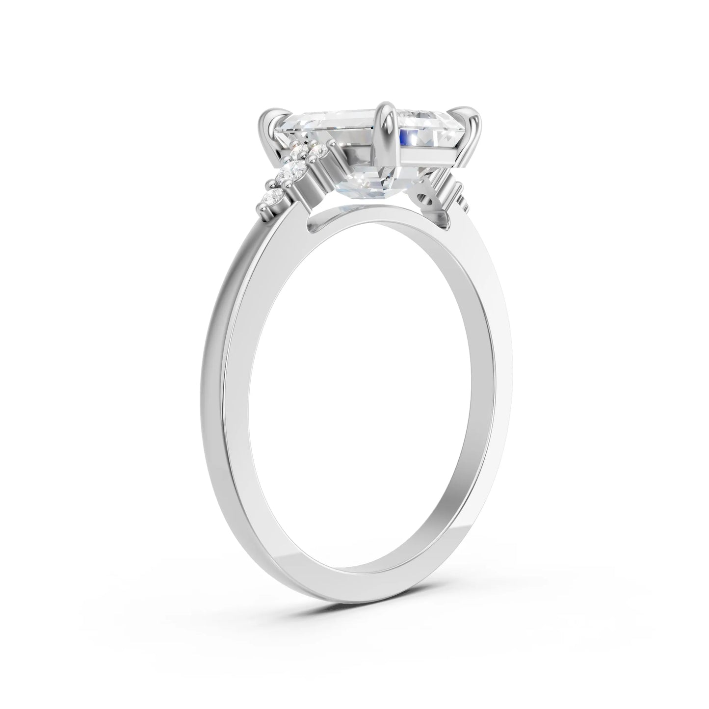 14K Gold Emerald Cut Diamond Side Cluster Cathedral Engagement Ring