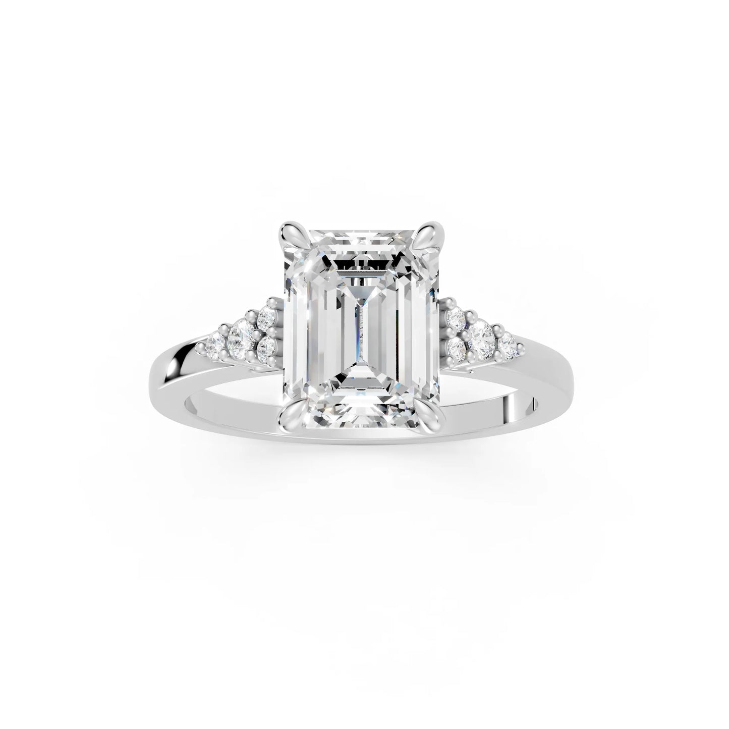 14K Gold Emerald Cut Diamond Side Cluster Cathedral Engagement Ring