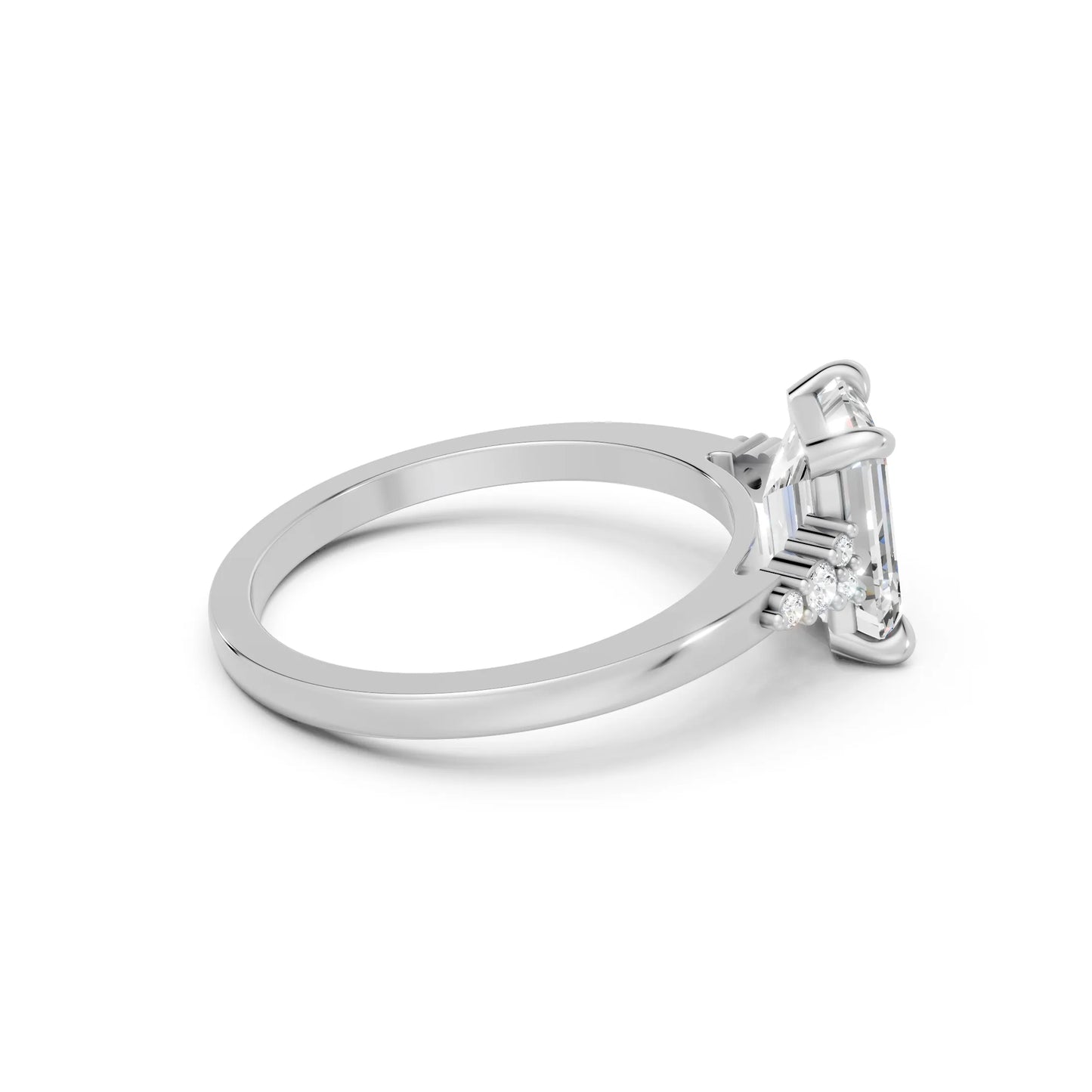 14K Gold Emerald Cut Diamond Side Cluster Cathedral Engagement Ring