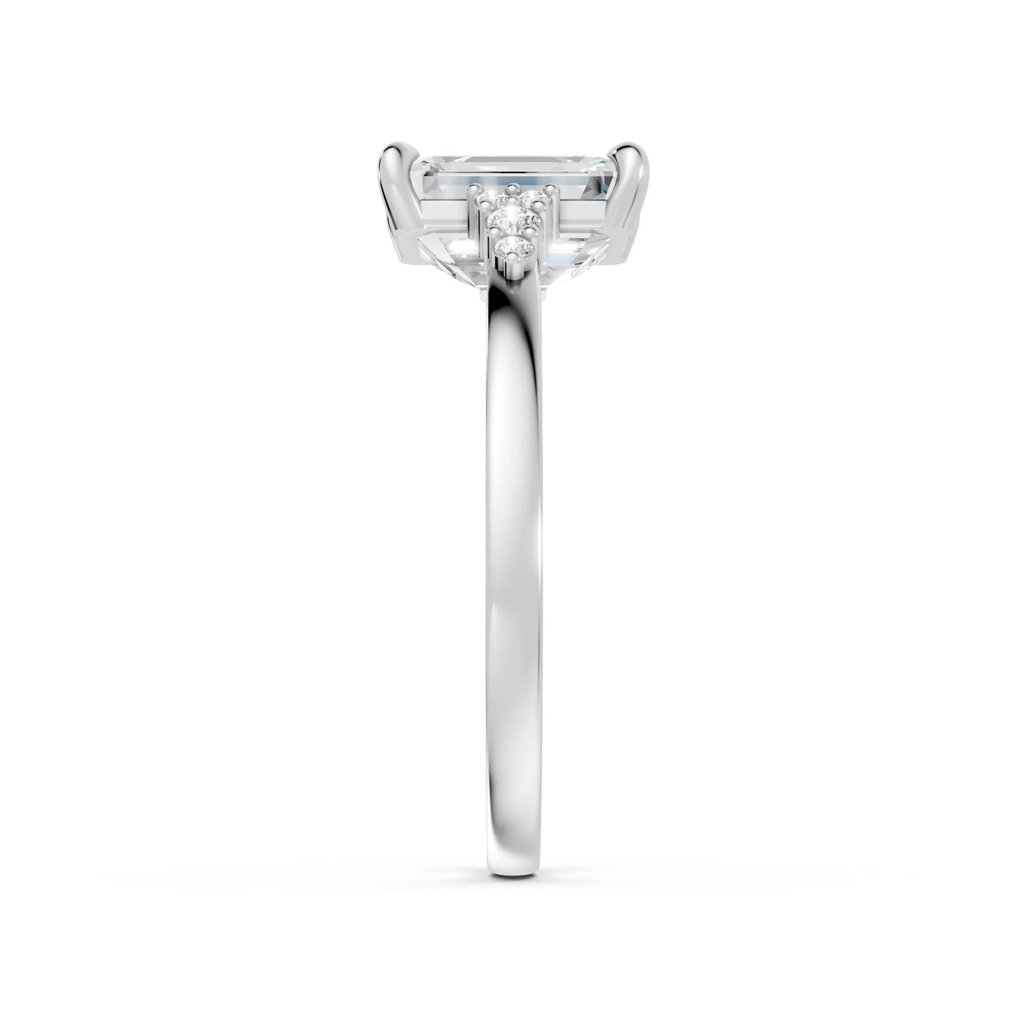 14K Gold Emerald Cut Diamond Side Cluster Cathedral Engagement Ring