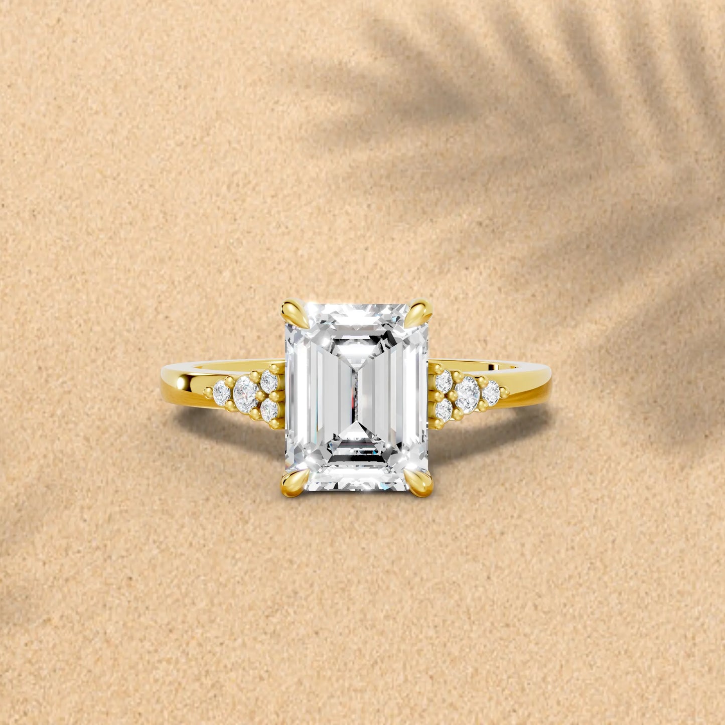 14K Gold Emerald Cut Diamond Side Cluster Cathedral Engagement Ring
