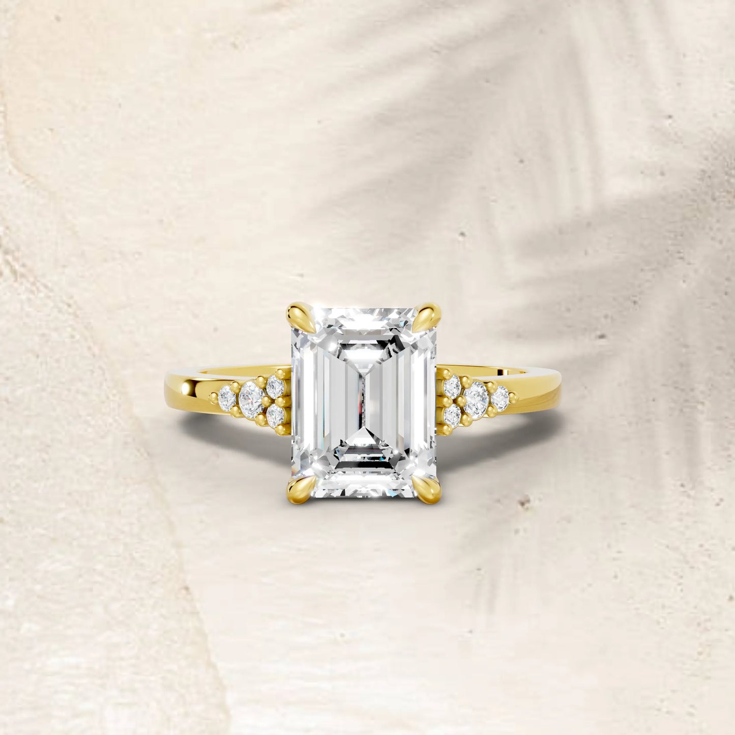 14K Gold Emerald Cut Diamond Side Cluster Cathedral Engagement Ring