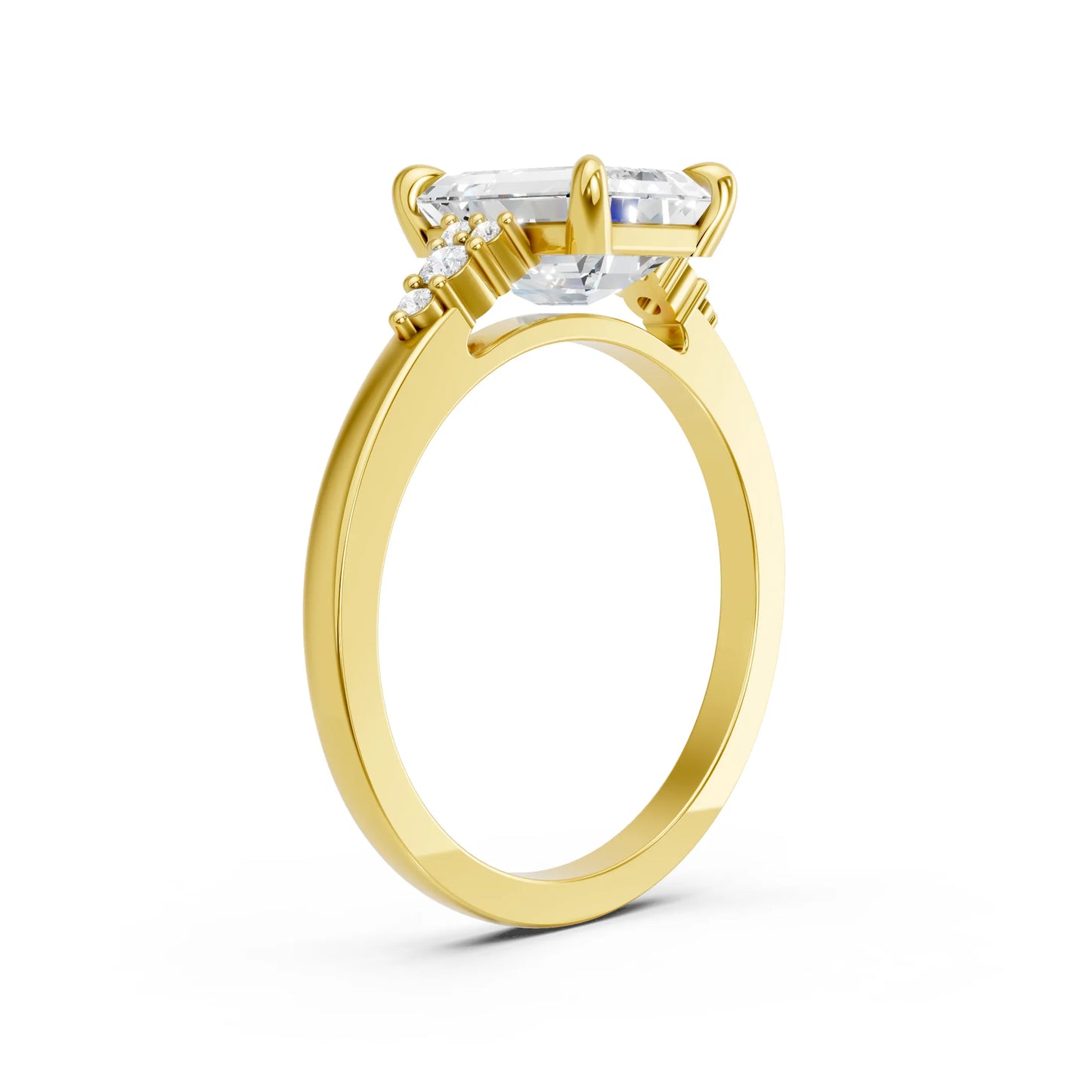 14K Gold Emerald Cut Diamond Side Cluster Cathedral Engagement Ring