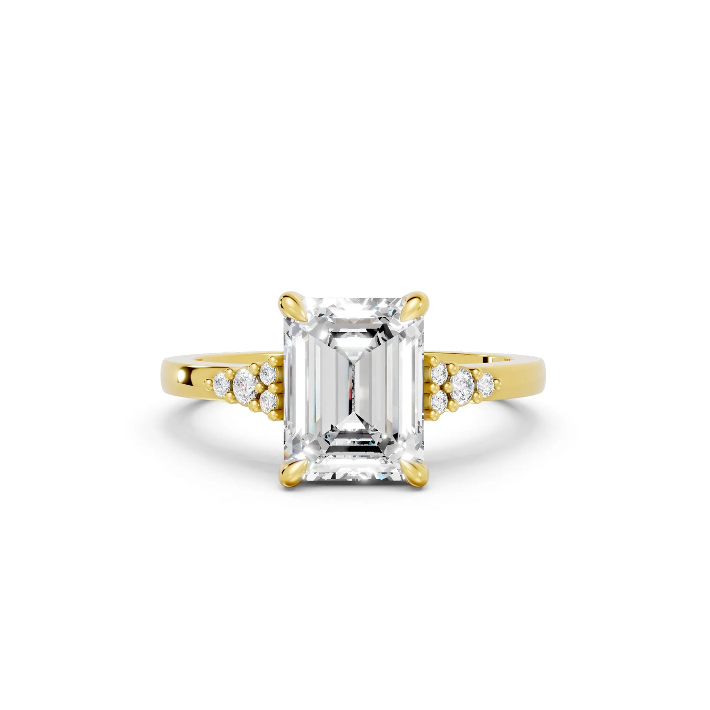14K Gold Emerald Cut Diamond Side Cluster Cathedral Engagement Ring