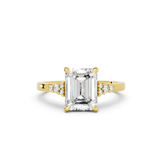 14K Gold Emerald Cut Diamond Side Cluster Cathedral Engagement Ring