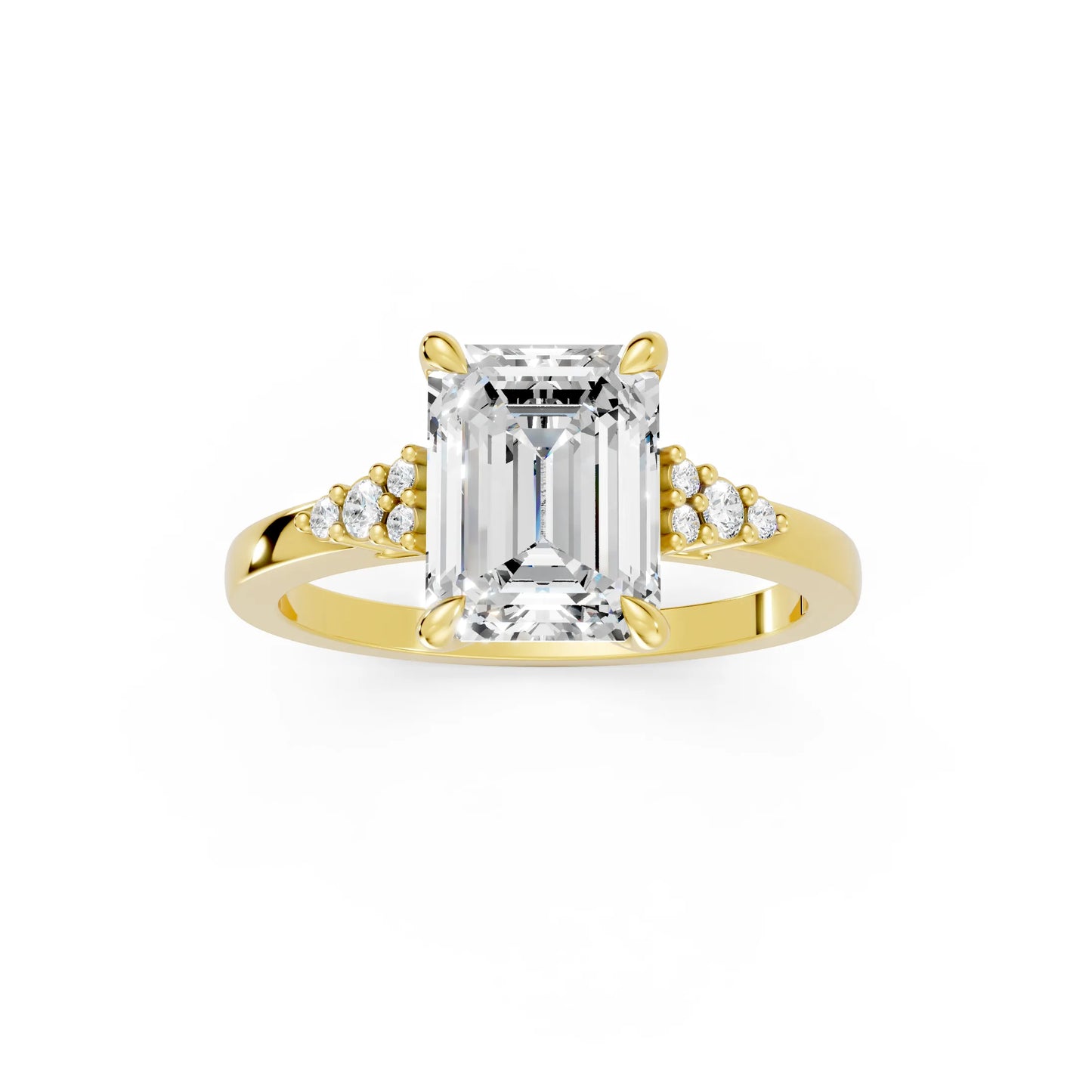 14K Gold Emerald Cut Diamond Side Cluster Cathedral Engagement Ring