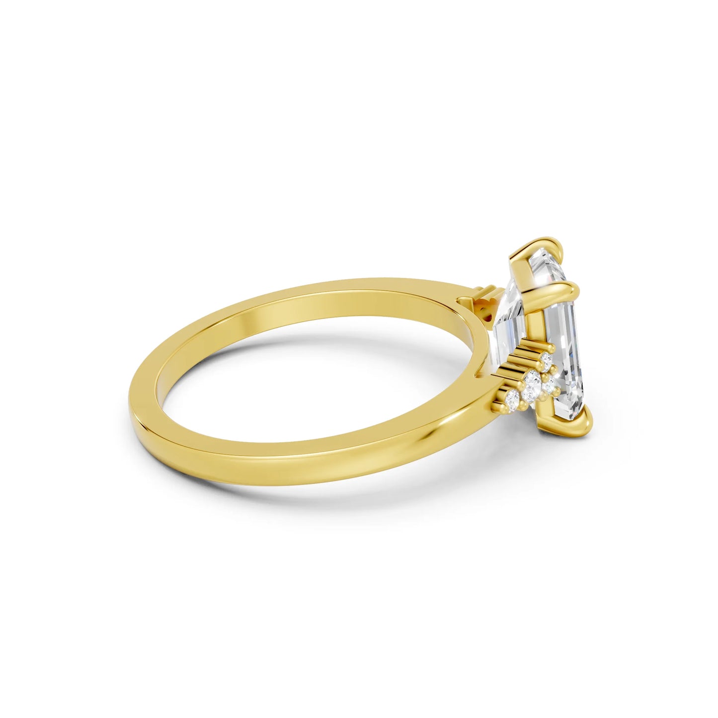 14K Gold Emerald Cut Diamond Side Cluster Cathedral Engagement Ring