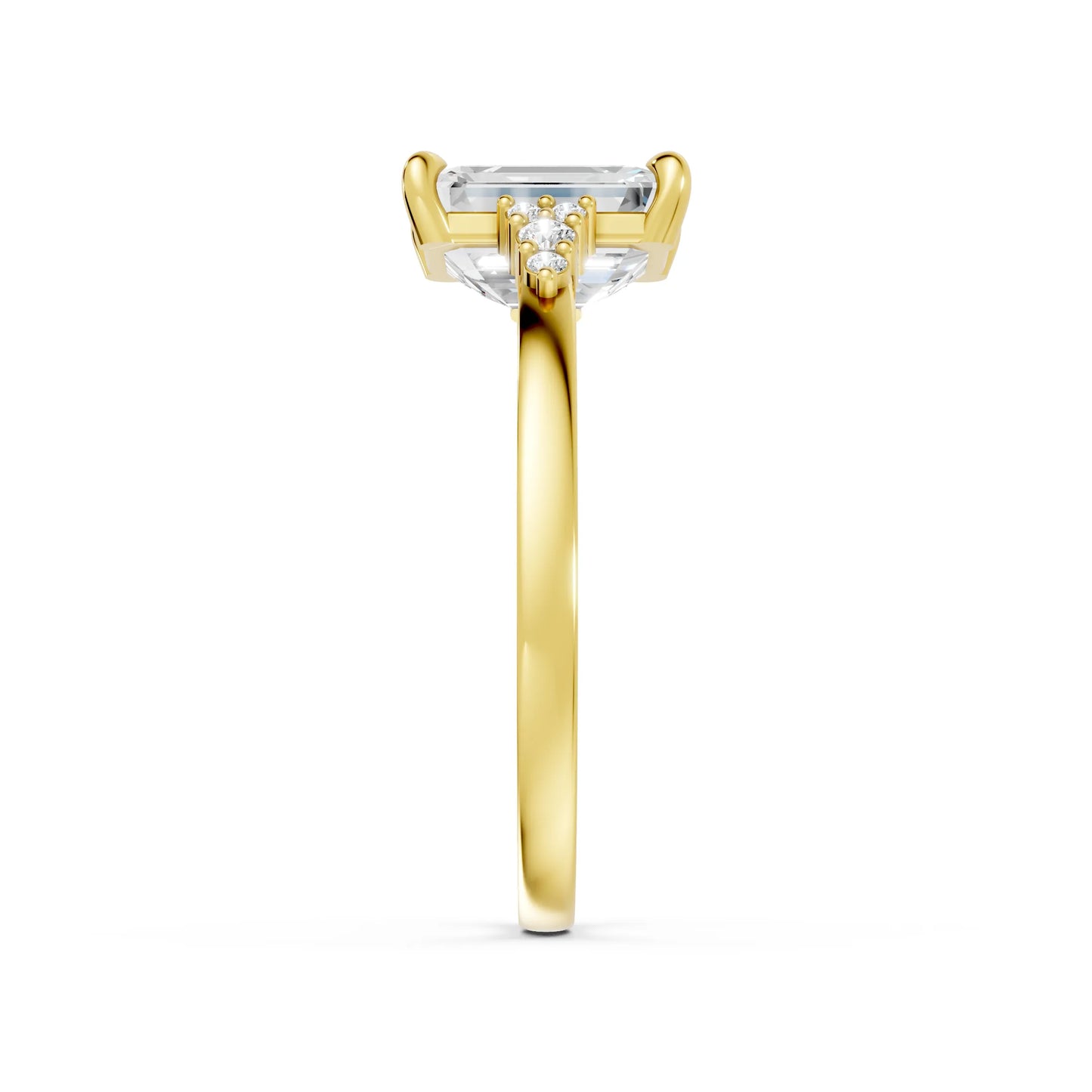 14K Gold Emerald Cut Diamond Side Cluster Cathedral Engagement Ring