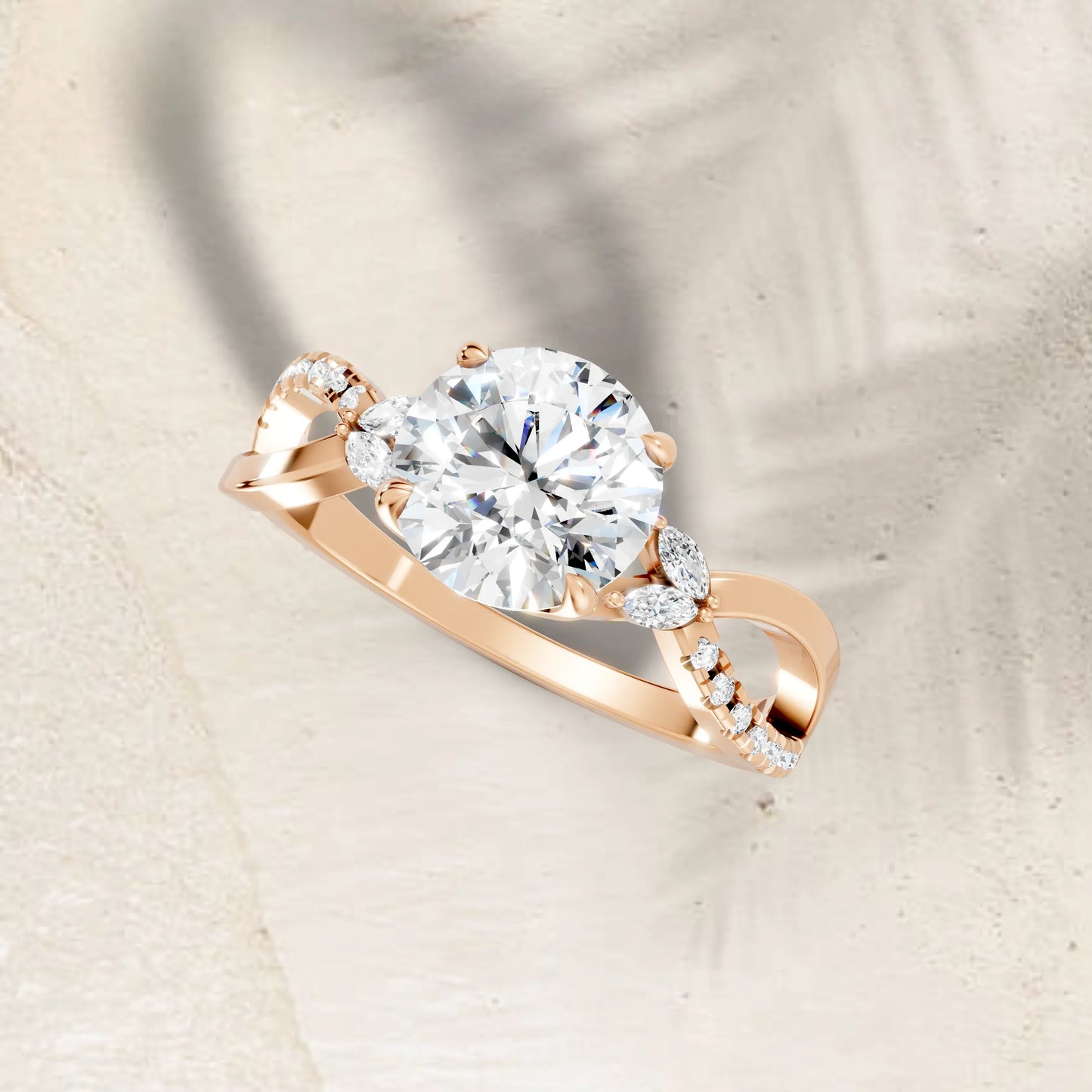 14K Gold Round Cut Diamond with Split Shank Marquise Cathedral Engagement Ring