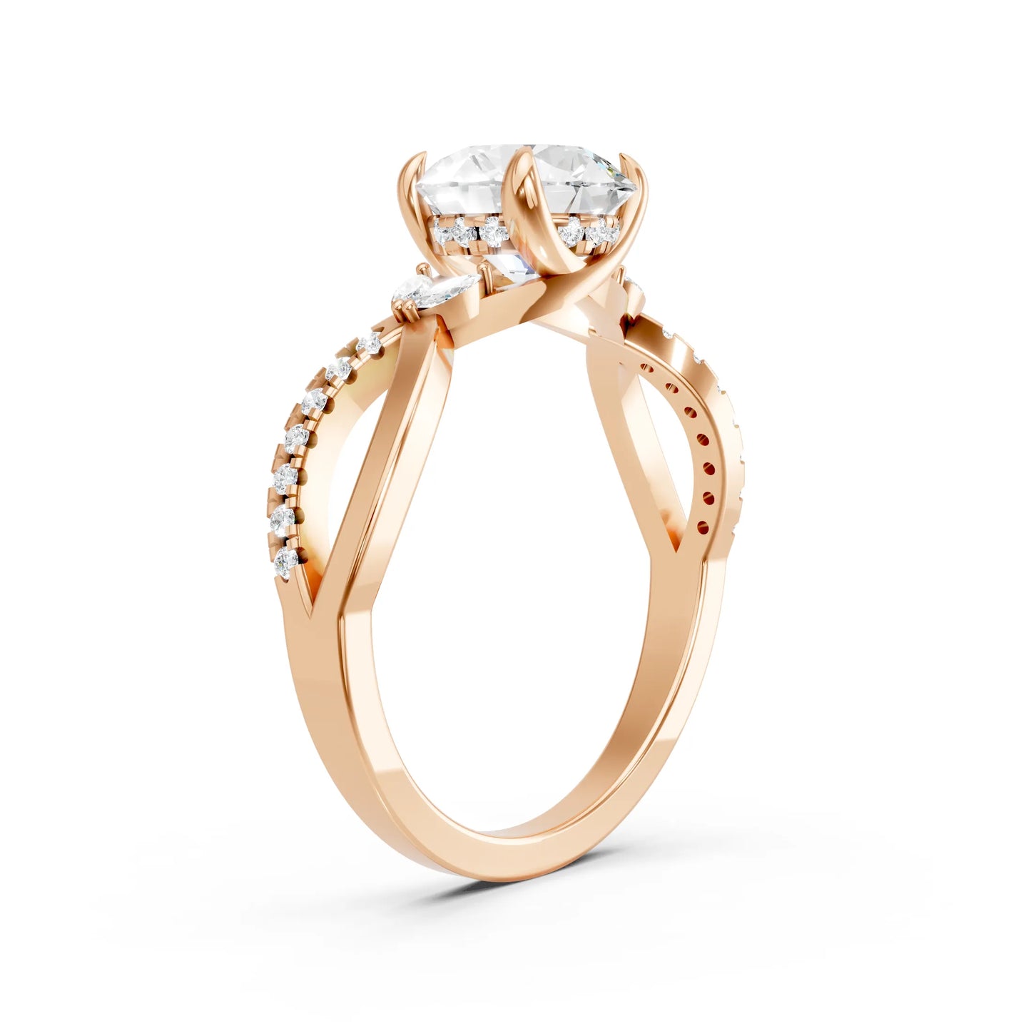 14K Gold Round Cut Diamond with Split Shank Marquise Cathedral Engagement Ring