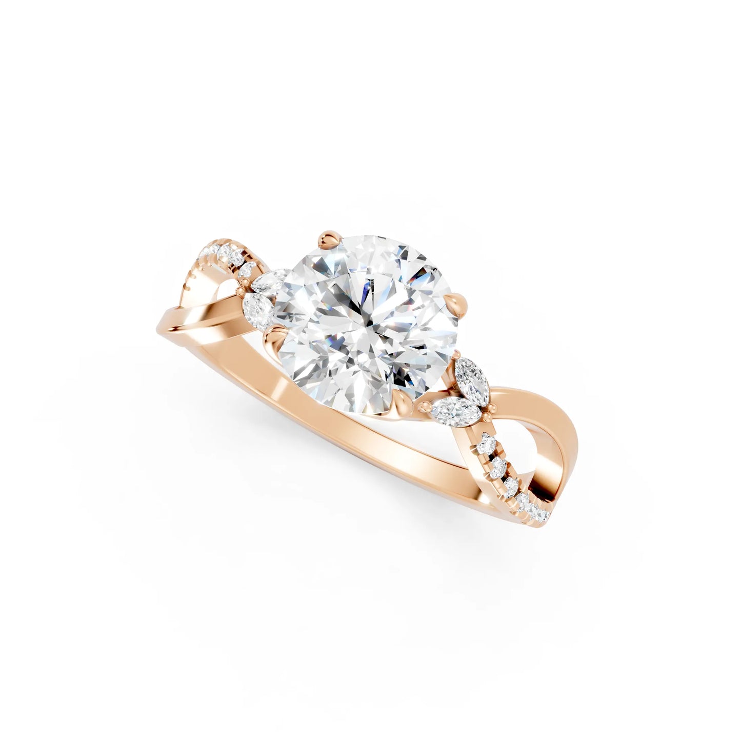 14K Gold Round Cut Diamond with Split Shank Marquise Cathedral Engagement Ring