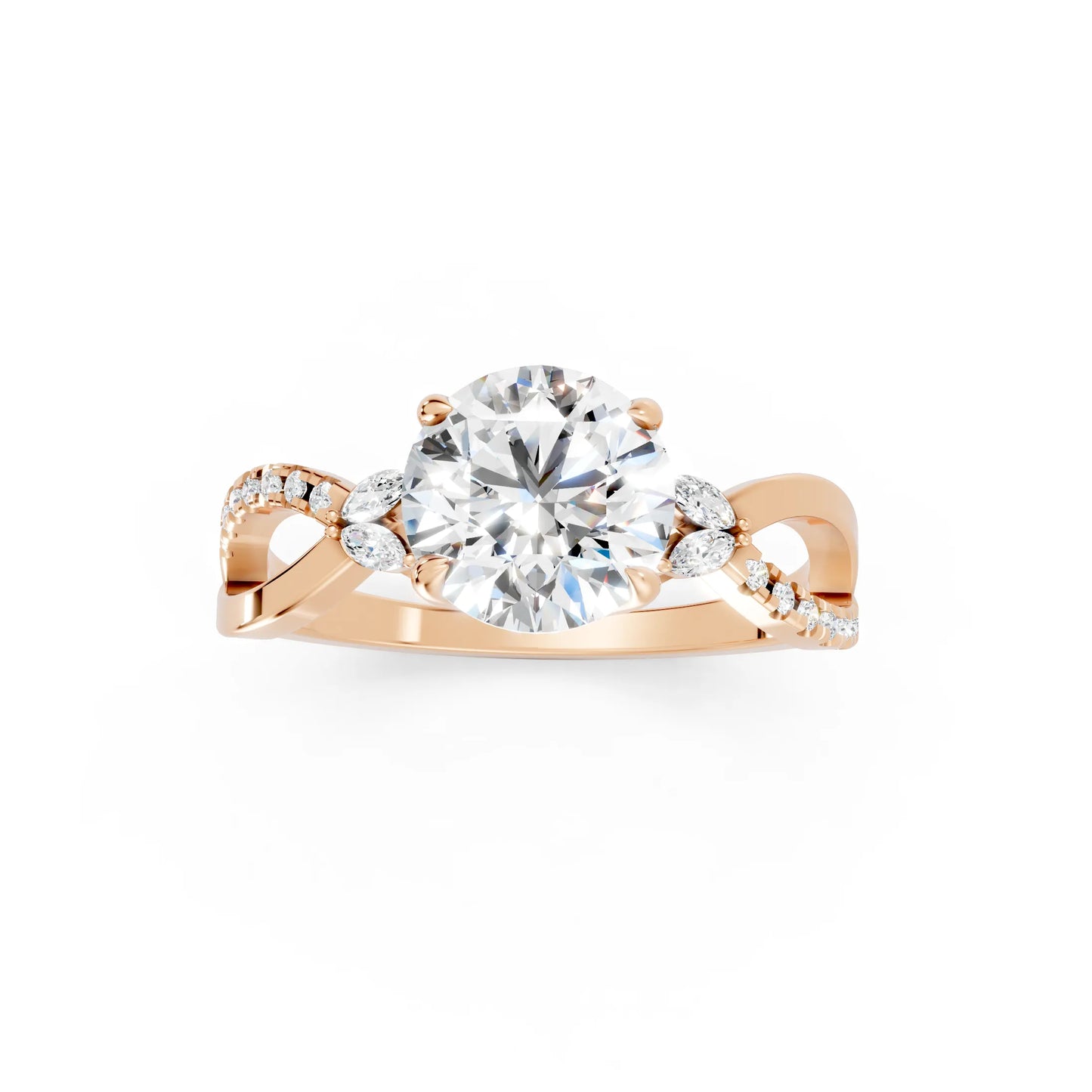 14K Gold Round Cut Diamond with Split Shank Marquise Cathedral Engagement Ring
