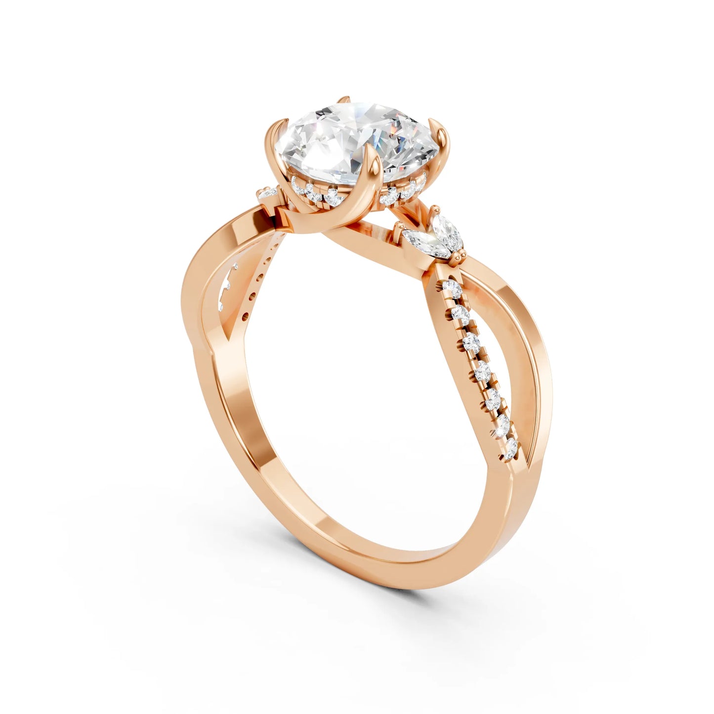 14K Gold Round Cut Diamond with Split Shank Marquise Cathedral Engagement Ring
