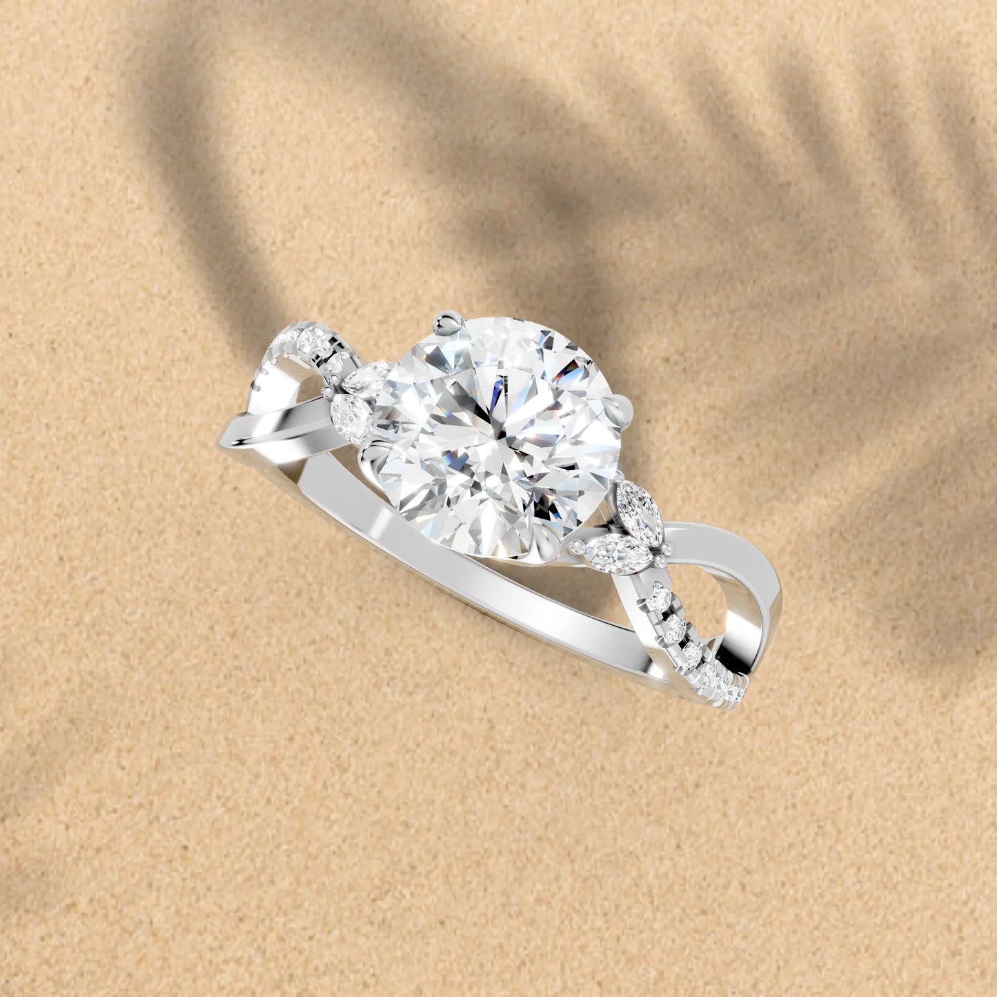 14K Gold Round Cut Diamond with Split Shank Marquise Cathedral Engagement Ring
