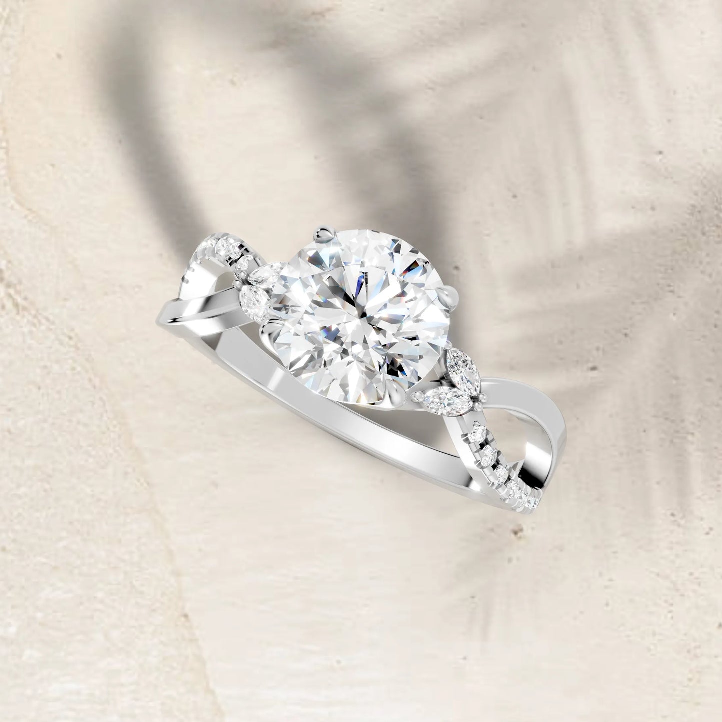 14K Gold Round Cut Diamond with Split Shank Marquise Cathedral Engagement Ring