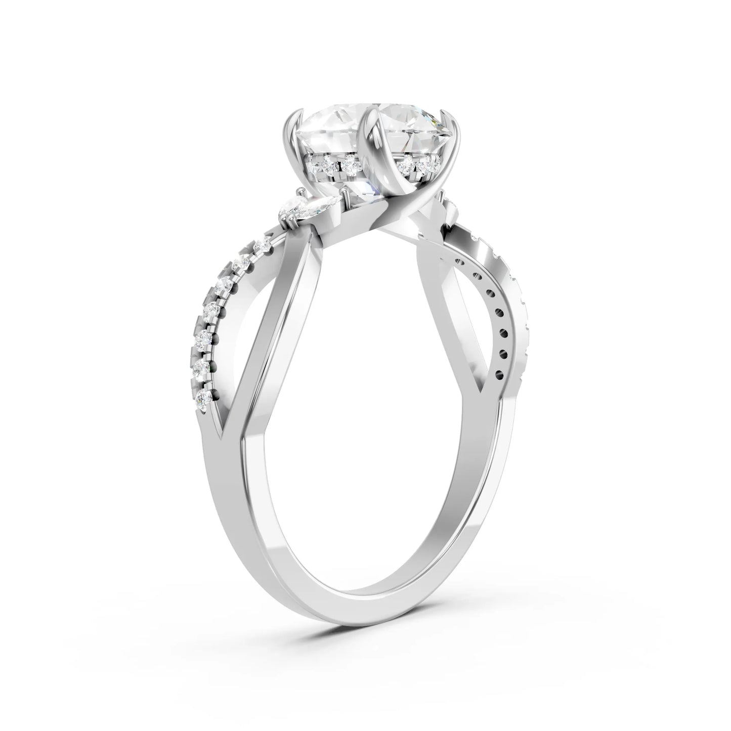 14K Gold Round Cut Diamond with Split Shank Marquise Cathedral Engagement Ring