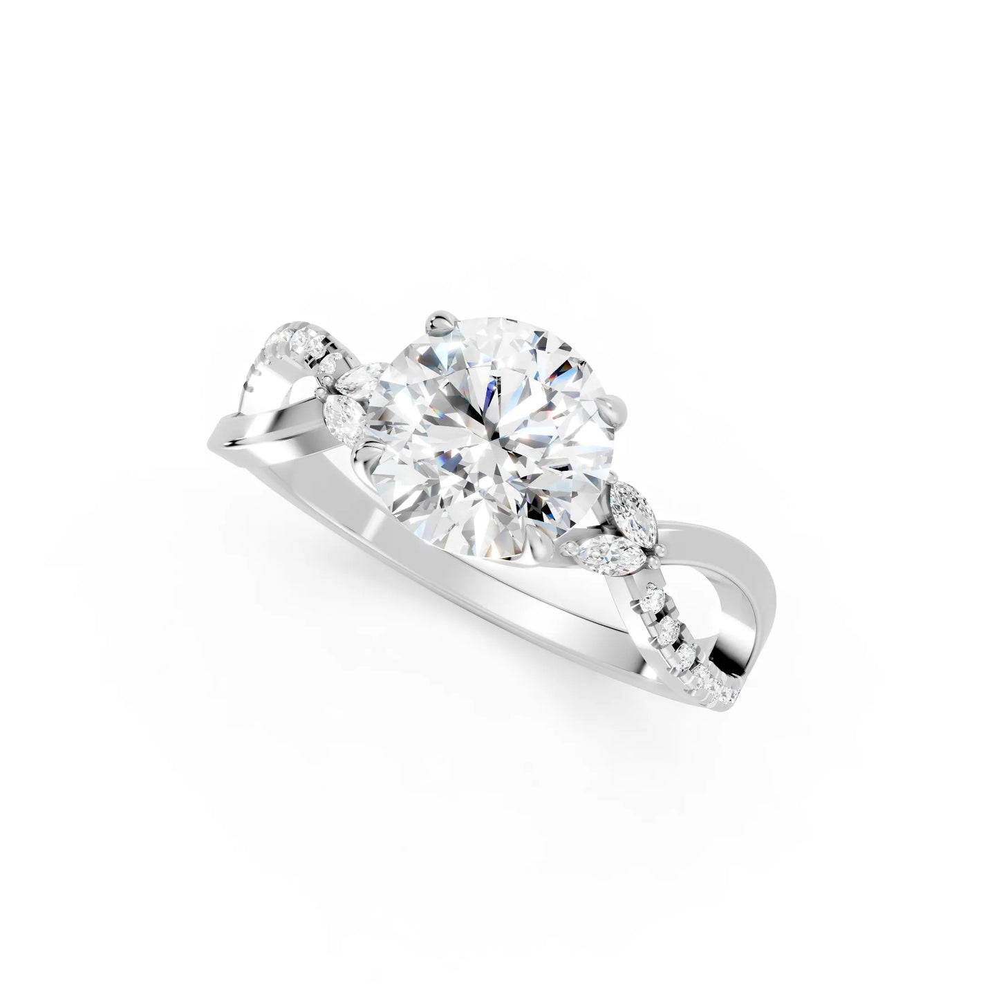 14K Gold Round Cut Diamond with Split Shank Marquise Cathedral Engagement Ring