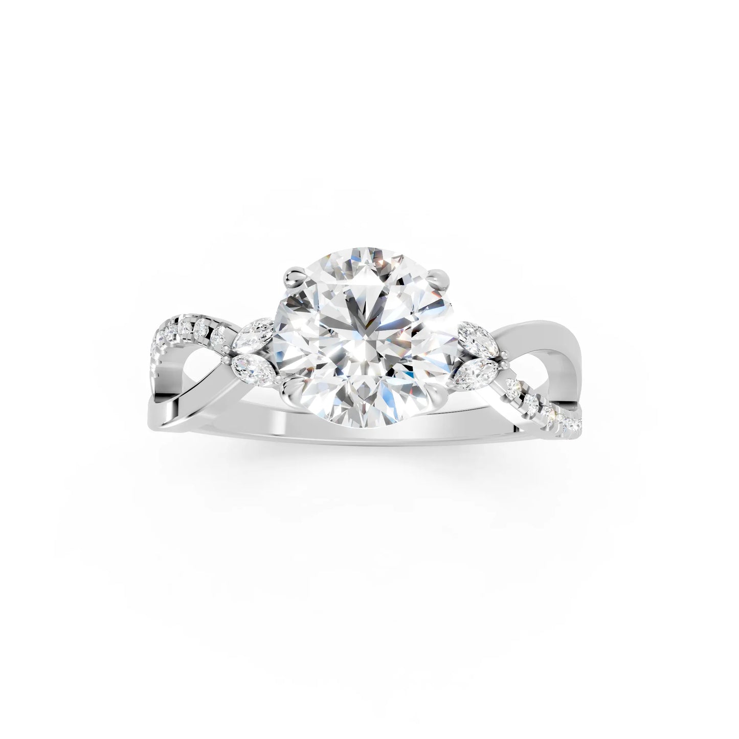 14K Gold Round Cut Diamond with Split Shank Marquise Cathedral Engagement Ring