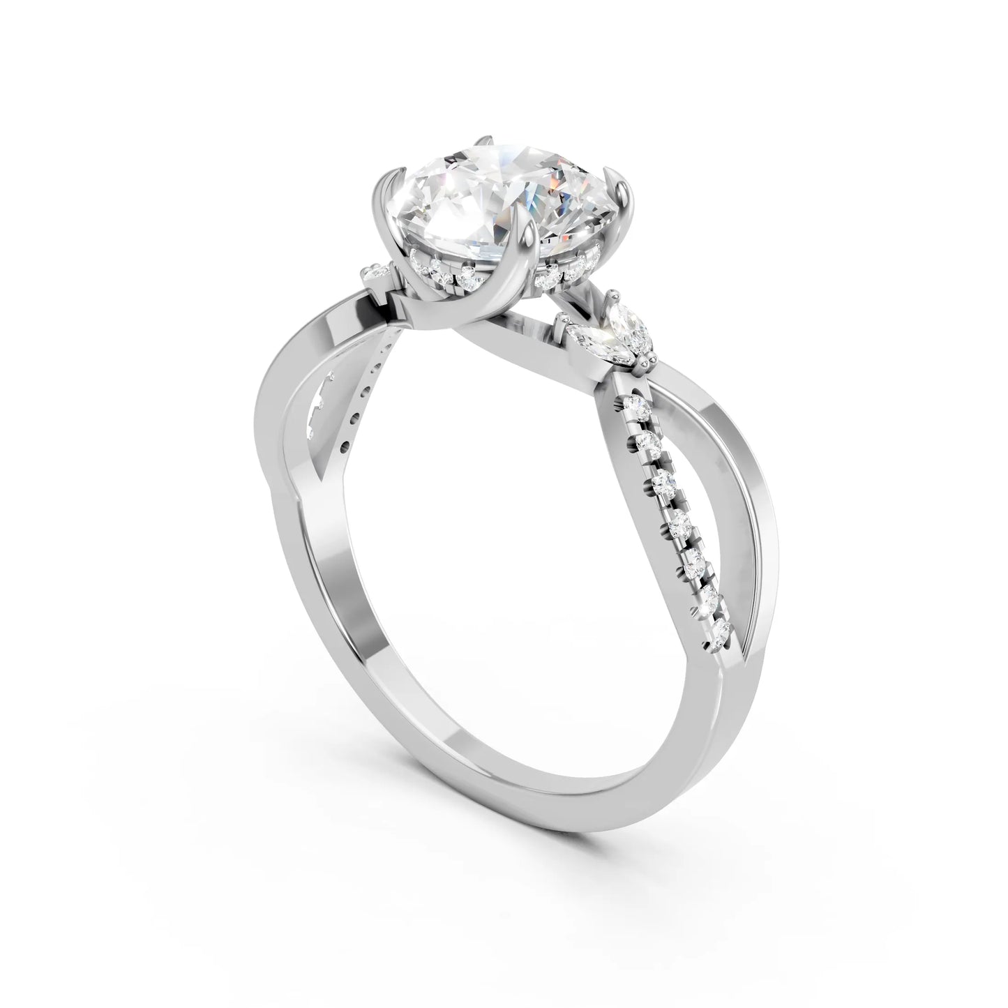 14K Gold Round Cut Diamond with Split Shank Marquise Cathedral Engagement Ring