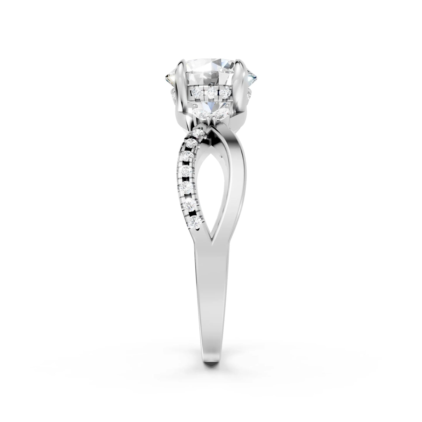 14K Gold Round Cut Diamond with Split Shank Marquise Cathedral Engagement Ring