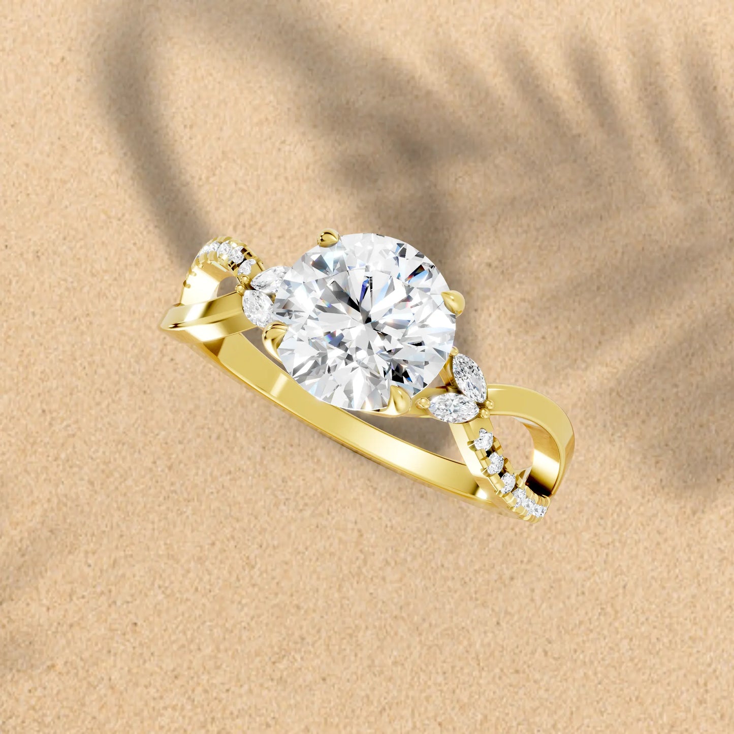14K Gold Round Cut Diamond with Split Shank Marquise Cathedral Engagement Ring