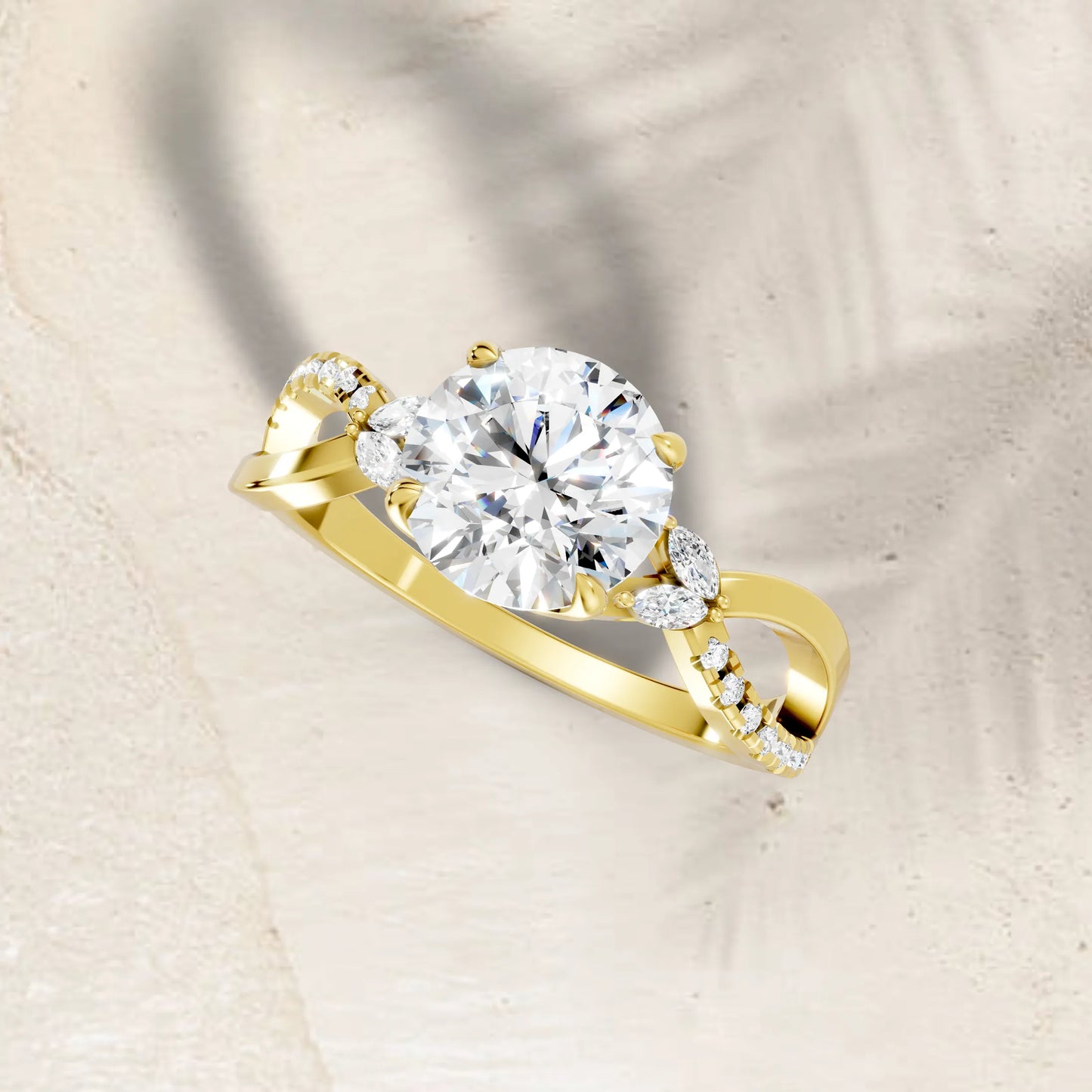 14K Gold Round Cut Diamond with Split Shank Marquise Cathedral Engagement Ring