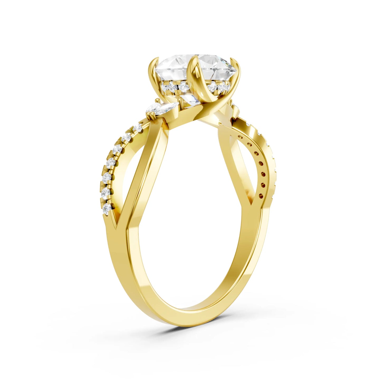 14K Gold Round Cut Diamond with Split Shank Marquise Cathedral Engagement Ring