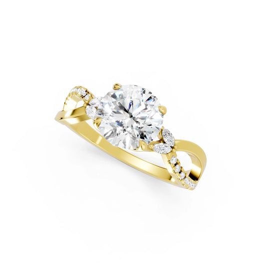 14K Gold Round Cut Diamond with Split Shank Marquise Cathedral Engagement Ring
