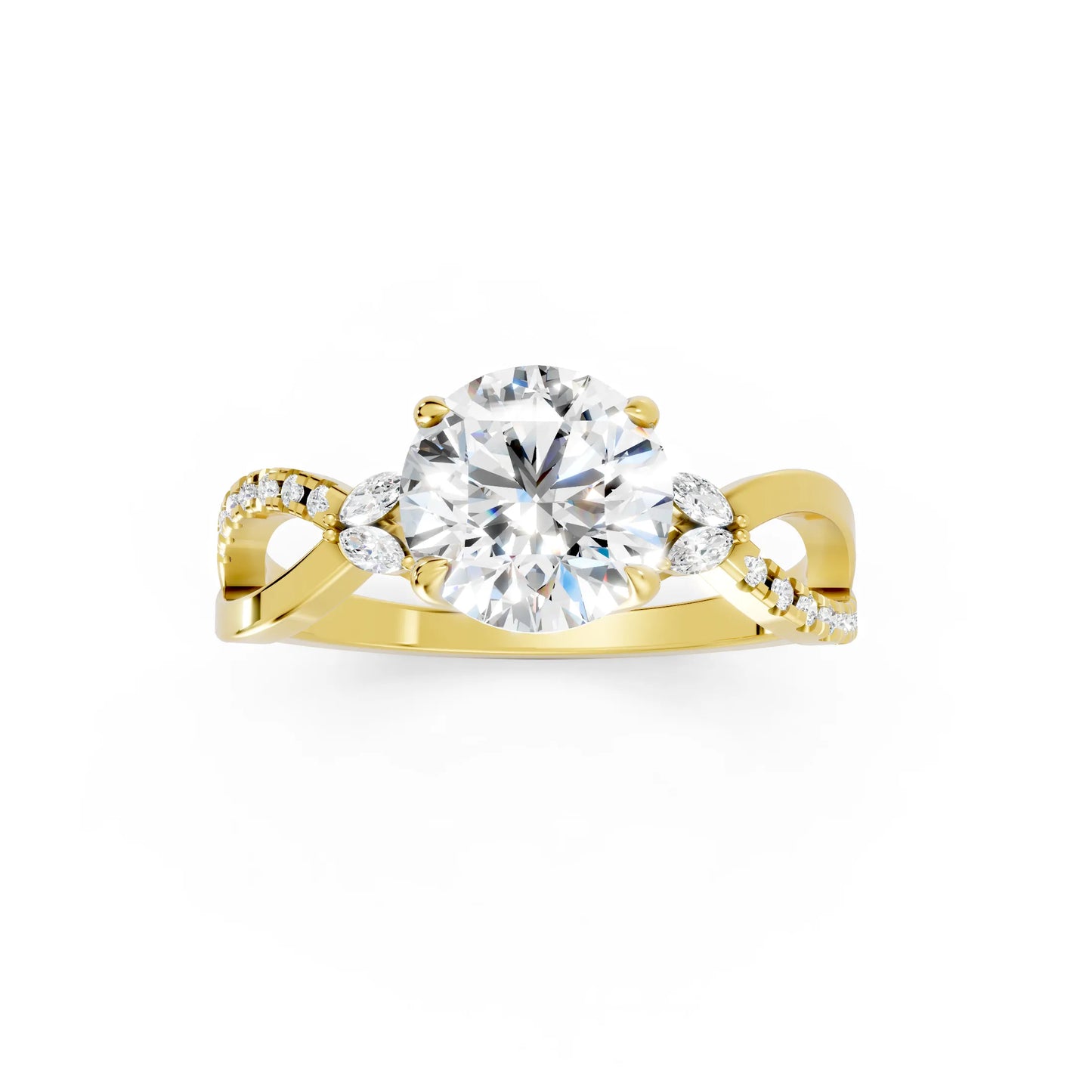 14K Gold Round Cut Diamond with Split Shank Marquise Cathedral Engagement Ring