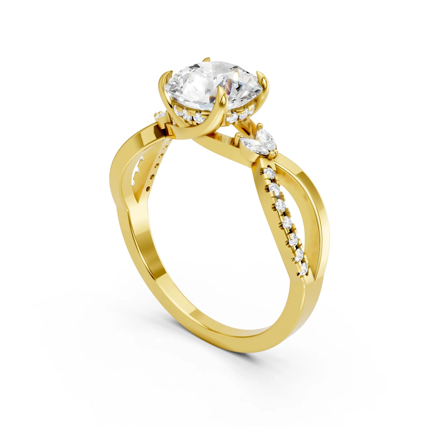 14K Gold Round Cut Diamond with Split Shank Marquise Cathedral Engagement Ring