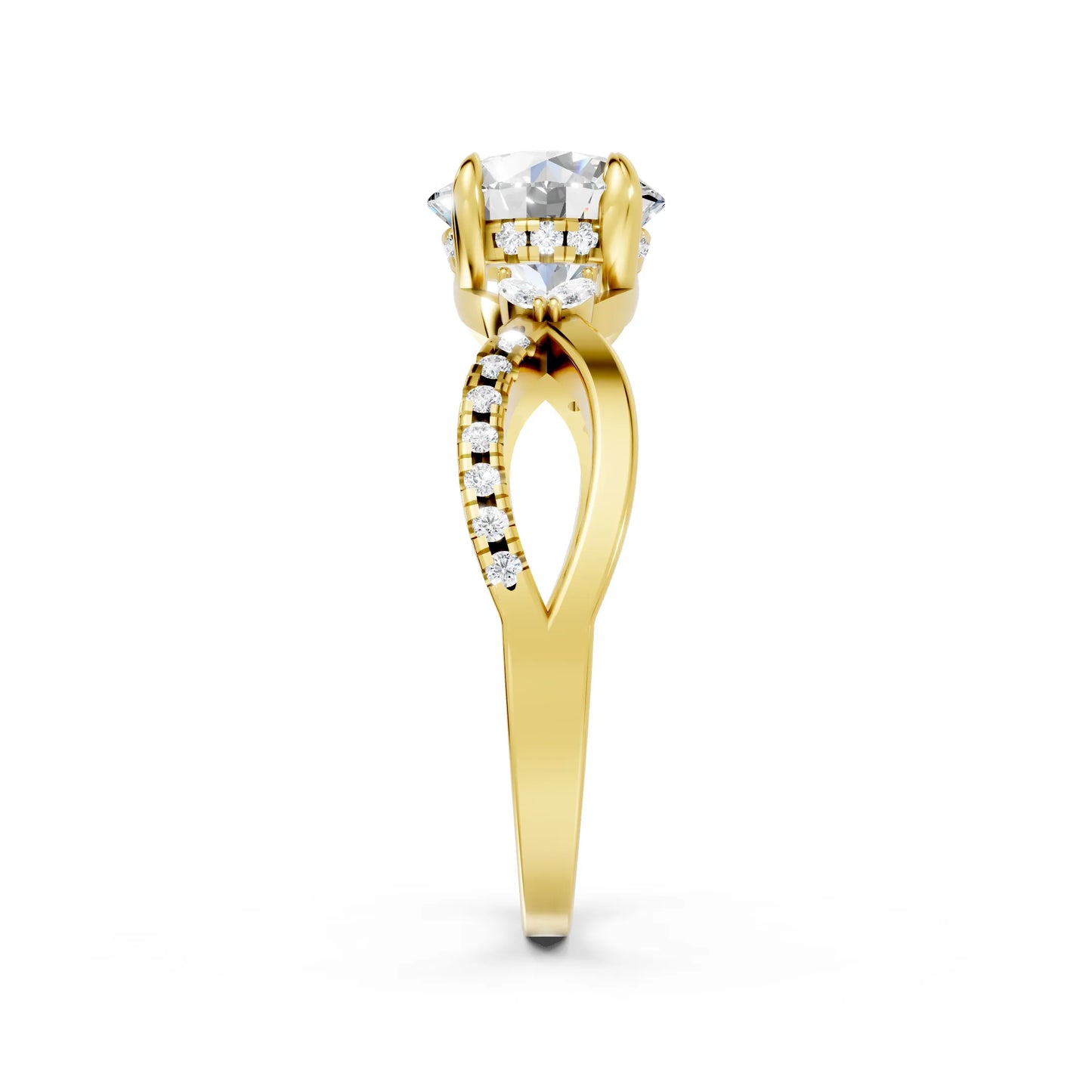 14K Gold Round Cut Diamond with Split Shank Marquise Cathedral Engagement Ring