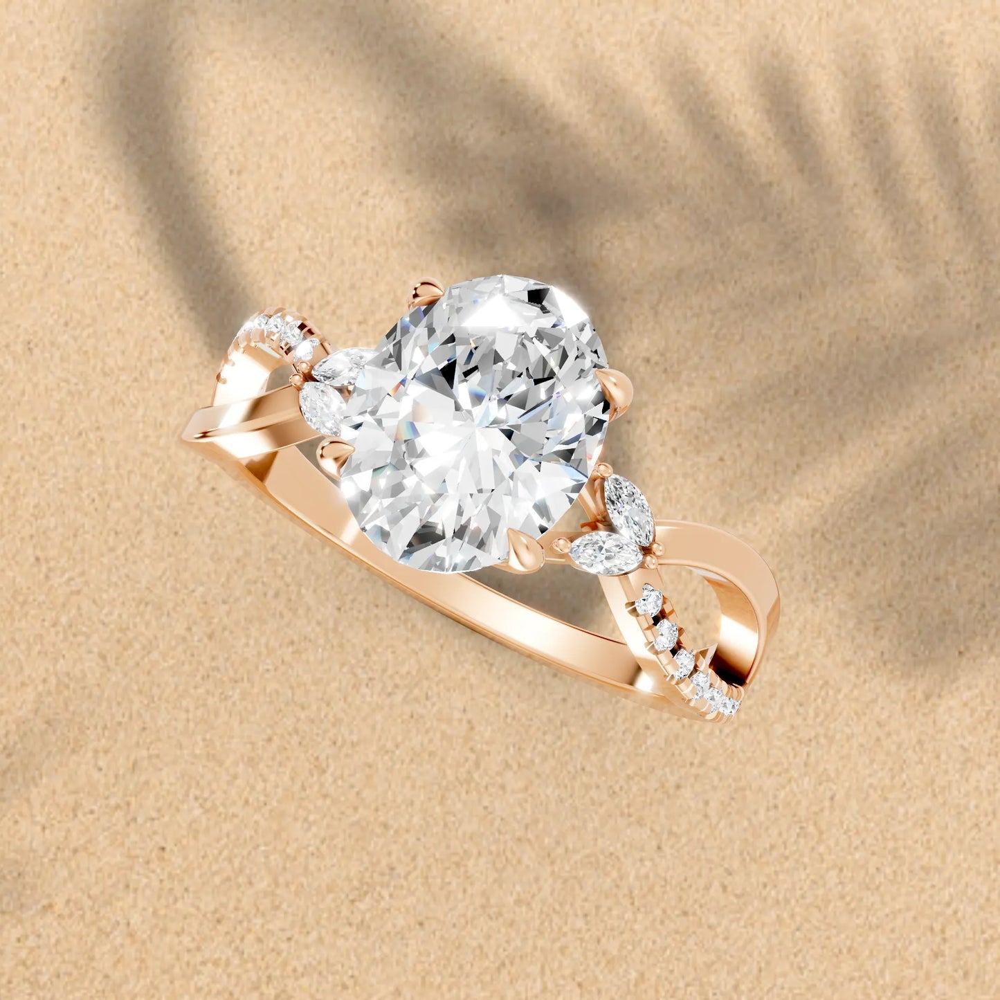 14K Gold Oval Cut Diamond with Split Shank Marquise Cathedral Engagement Ring
